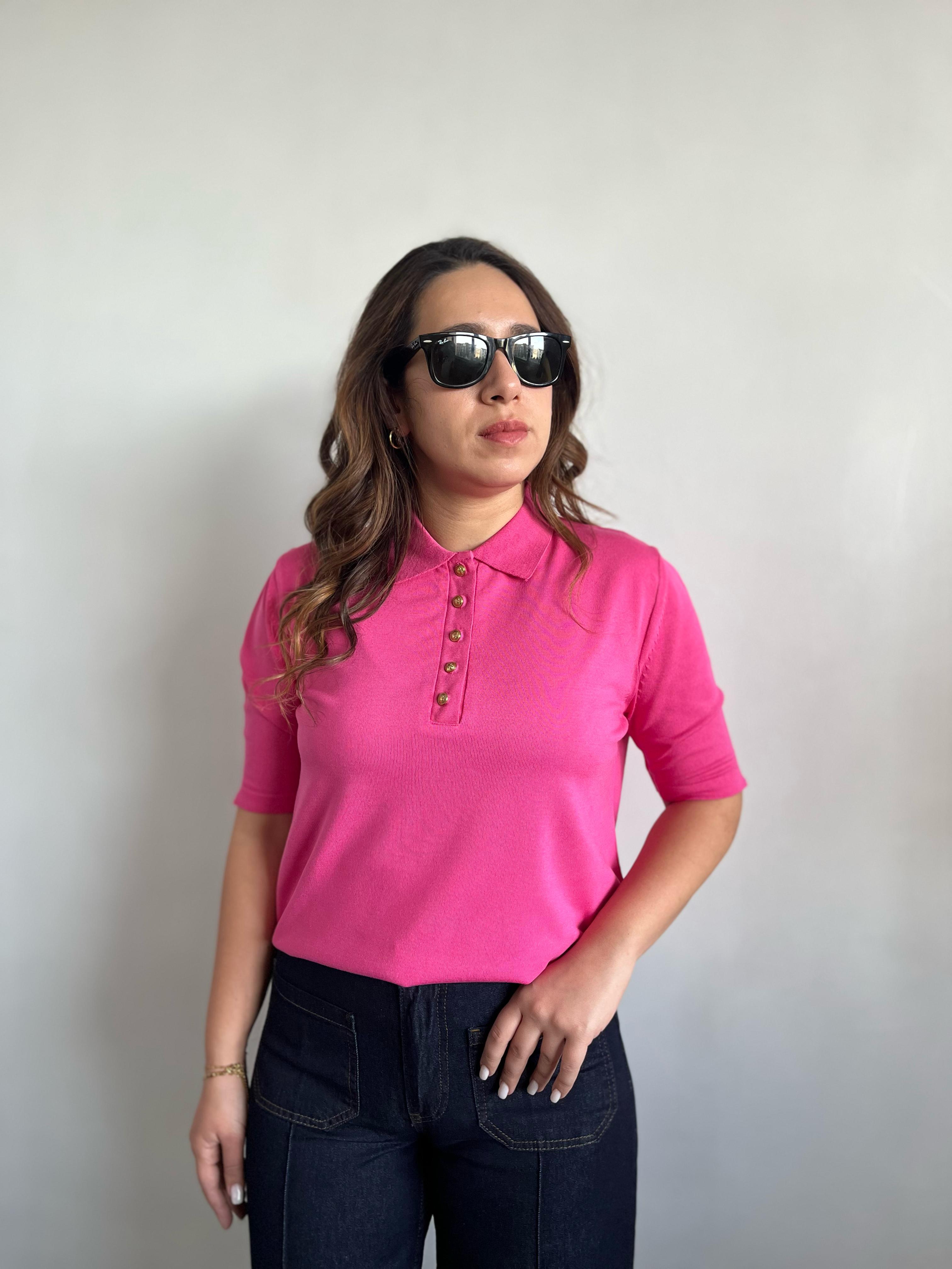 Gold Düğmeli Polo Yaka Pembe Triko