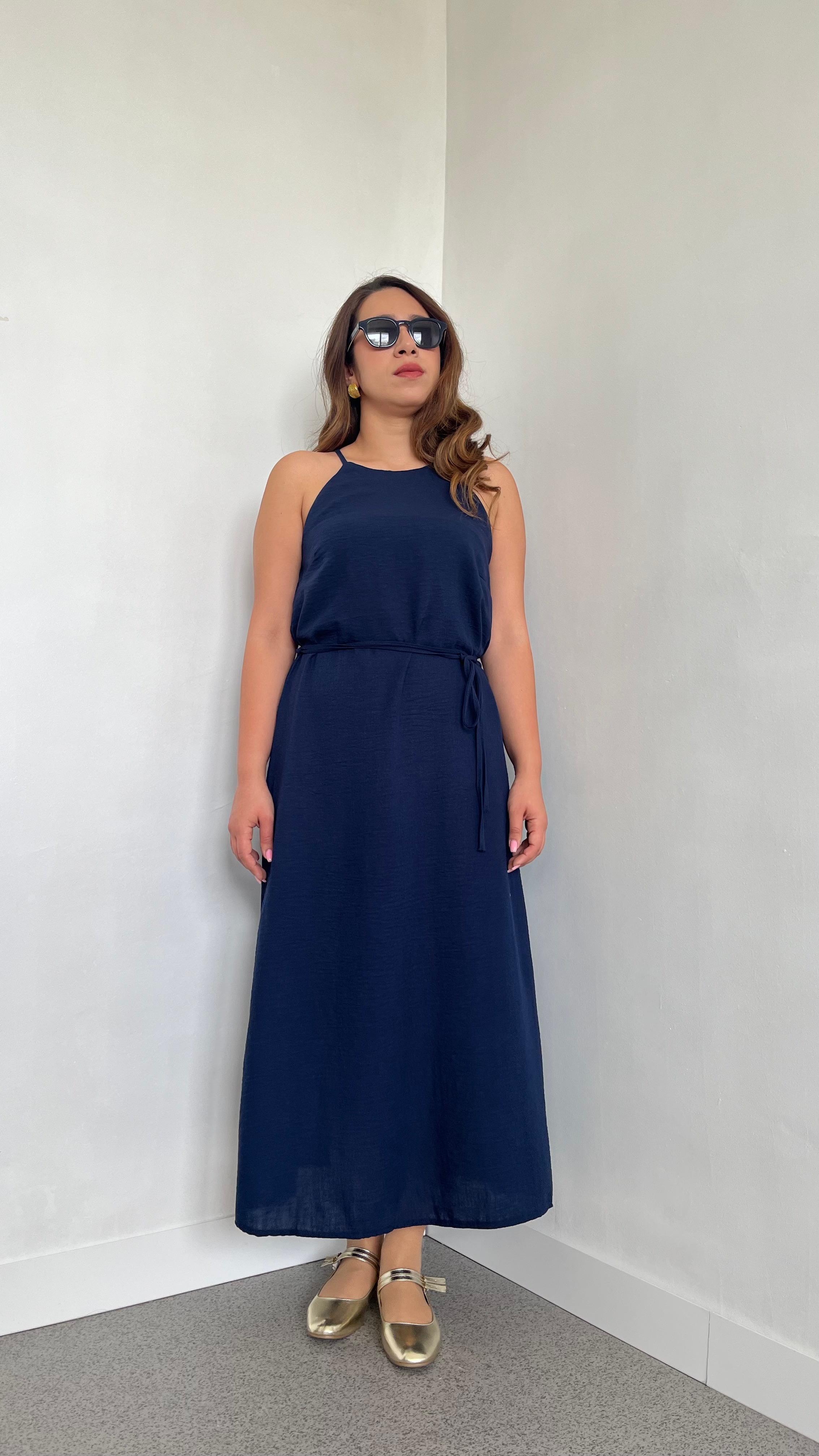 Halter Askılı Müslin Lacivert Elbise