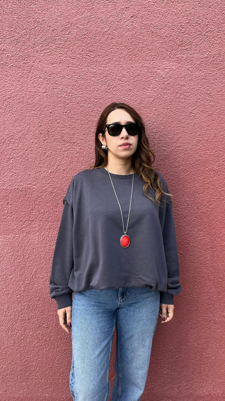 İçi Astarlı Büzgülü Antrasit Kadın Sweatshirt · 4