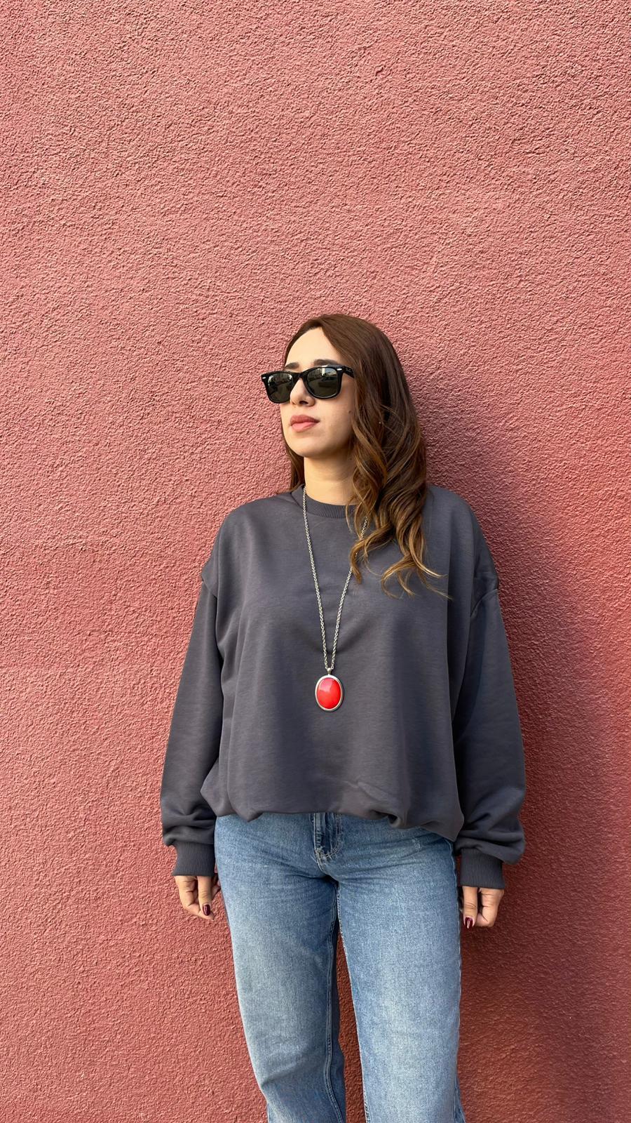 İçi Astarlı Büzgülü Antrasit Kadın Sweatshirt · 5
