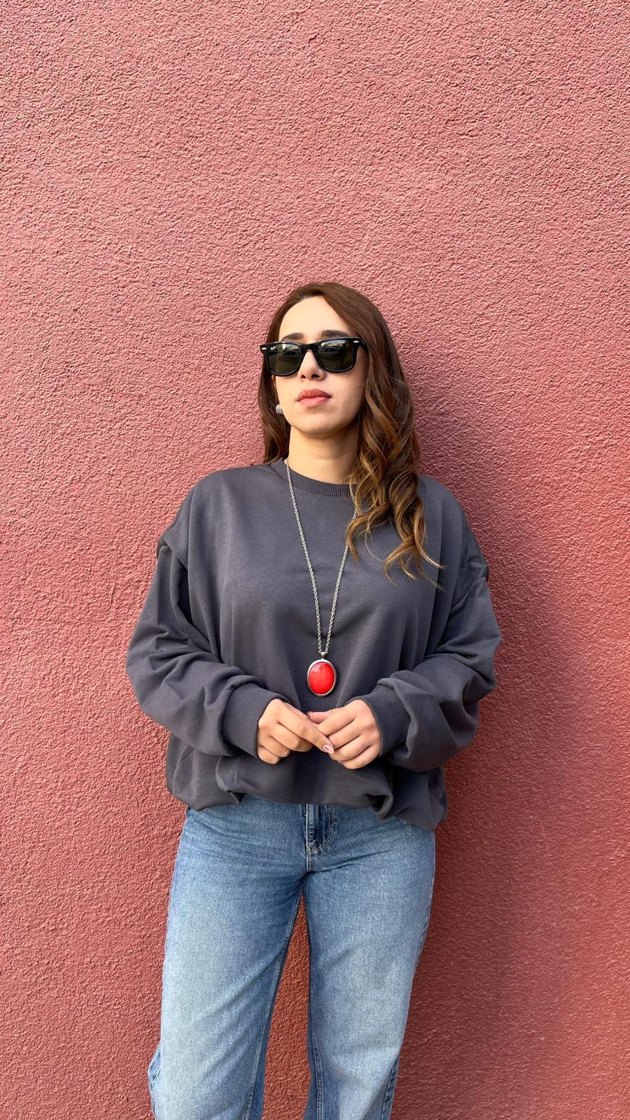 İçi Astarlı Büzgülü Antrasit Kadın Sweatshirt