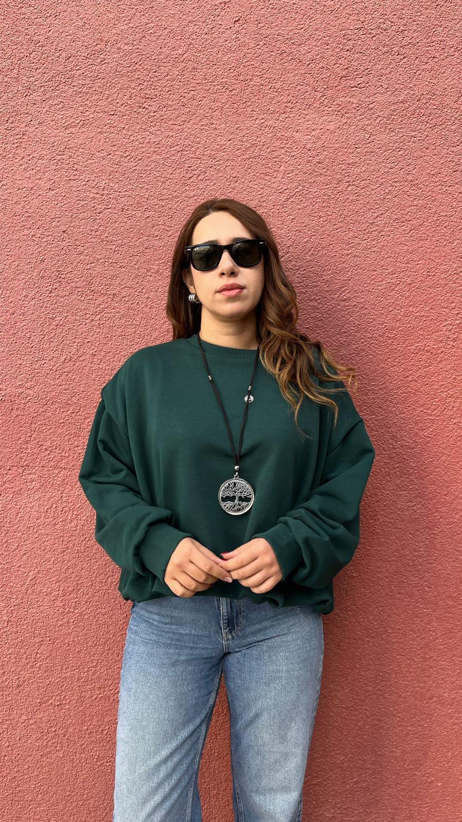 İçi Astarlı Büzgülü Zümrüt Kadın Sweatshirt