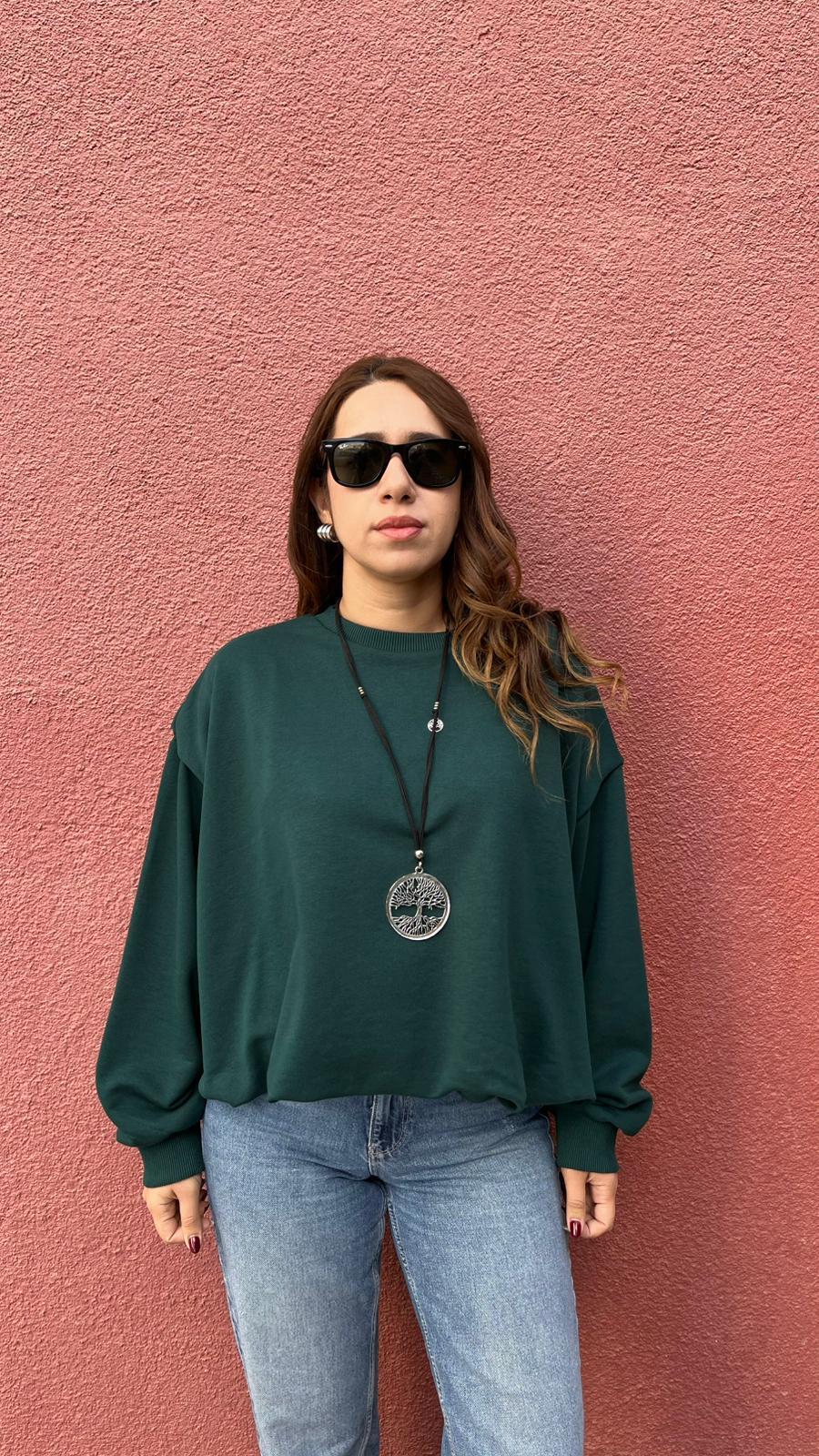 İçi Astarlı Büzgülü Zümrüt Kadın Sweatshirt · 3