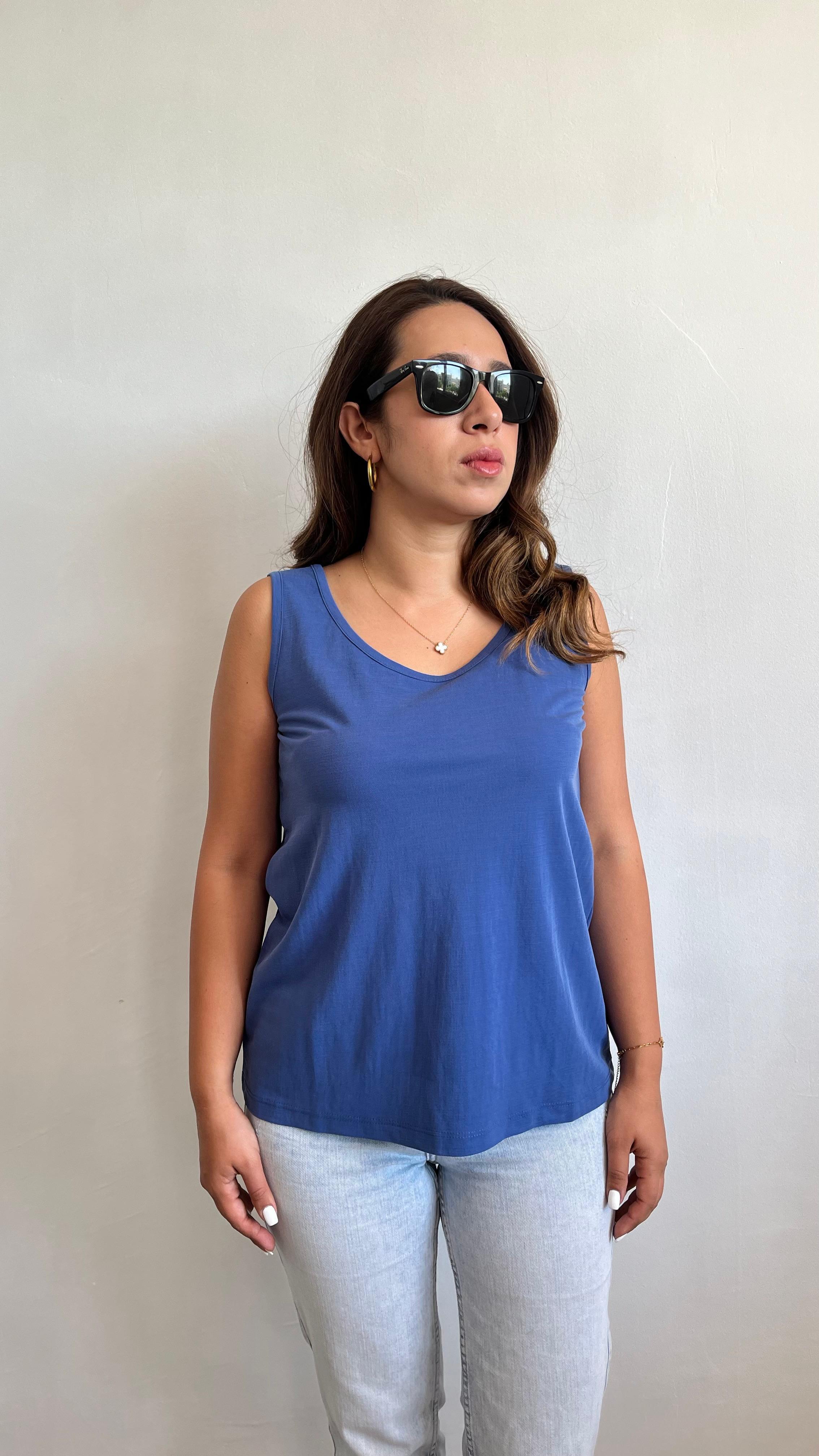 İndigo Mavi Kalın Askılı Premium Doku Bluz