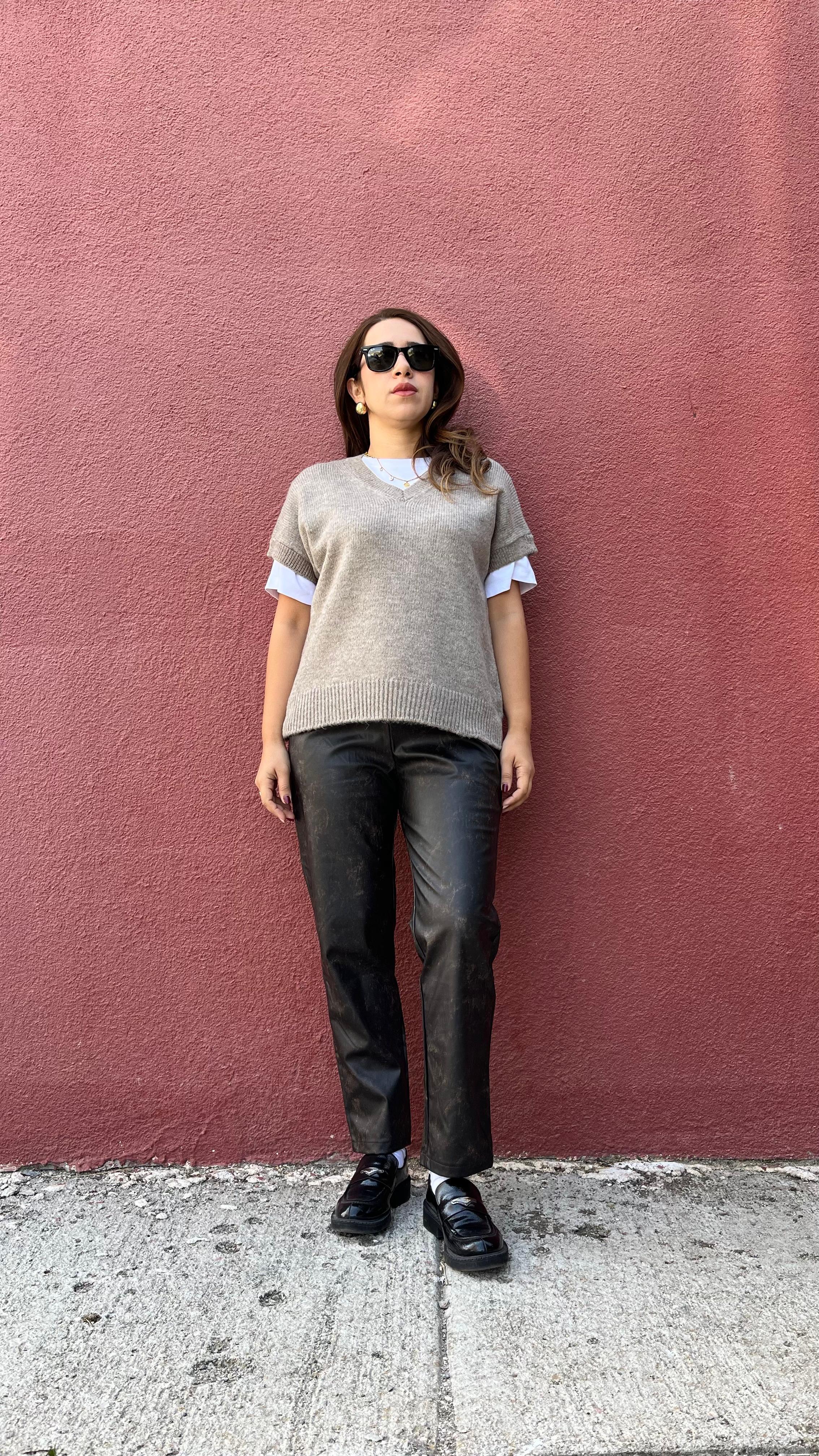 Kahve Eskitme Deri Bel Lastikli Kadın Pantolon