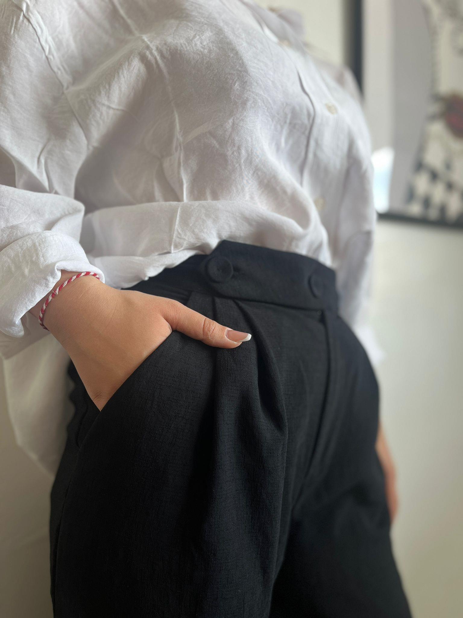 Keten Düğmeli Kadın Pantolon