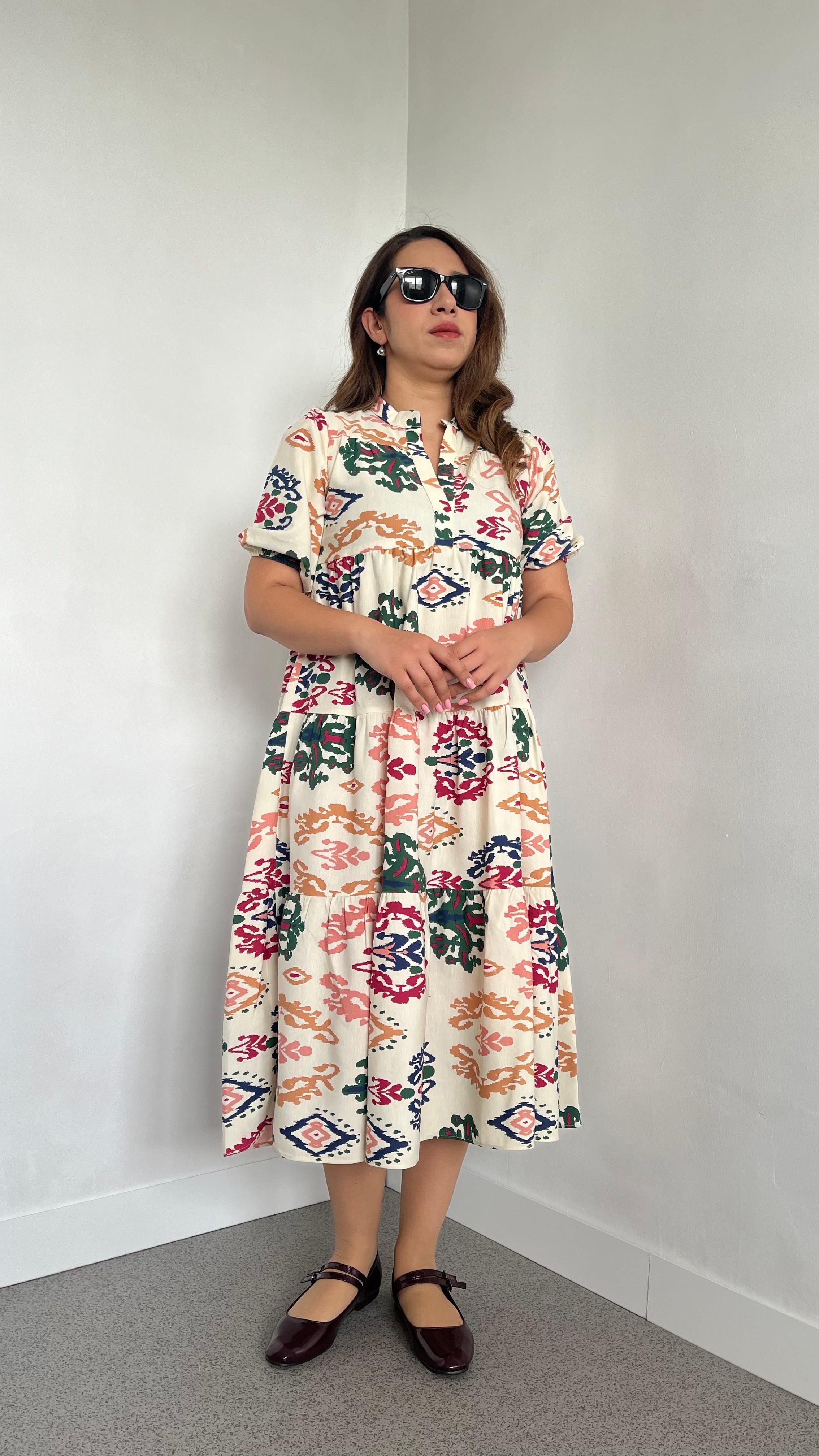 Keten Renkli Desenli Etnik Elbise