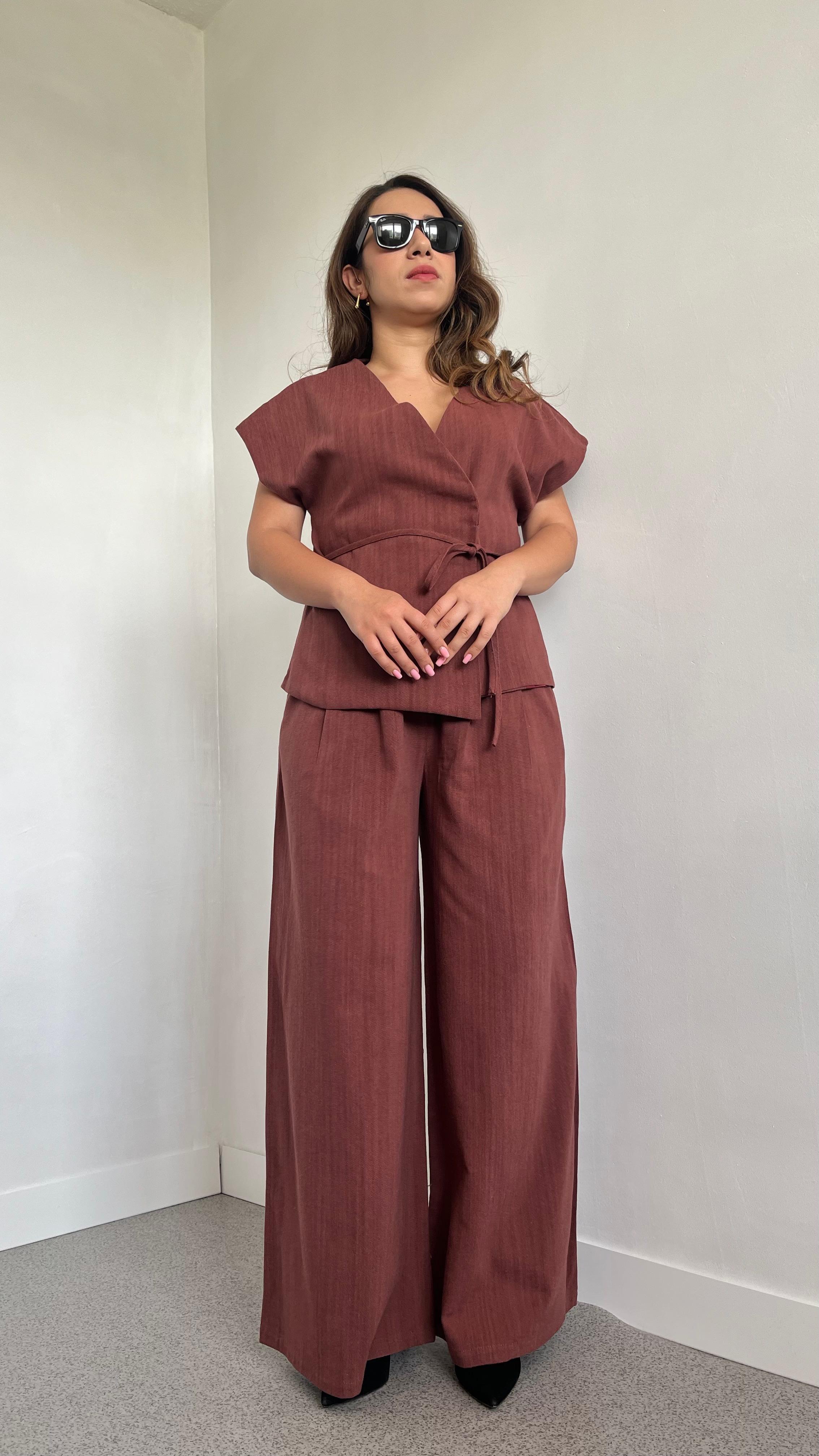 Kiremit Atlas Bağlamalı Yelek Pantolon Takım