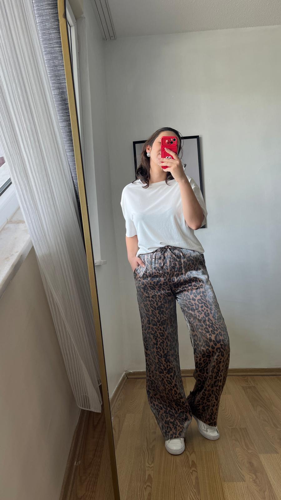 Leopar Desen Bel Lastikli Parlak Kadın Pantolon