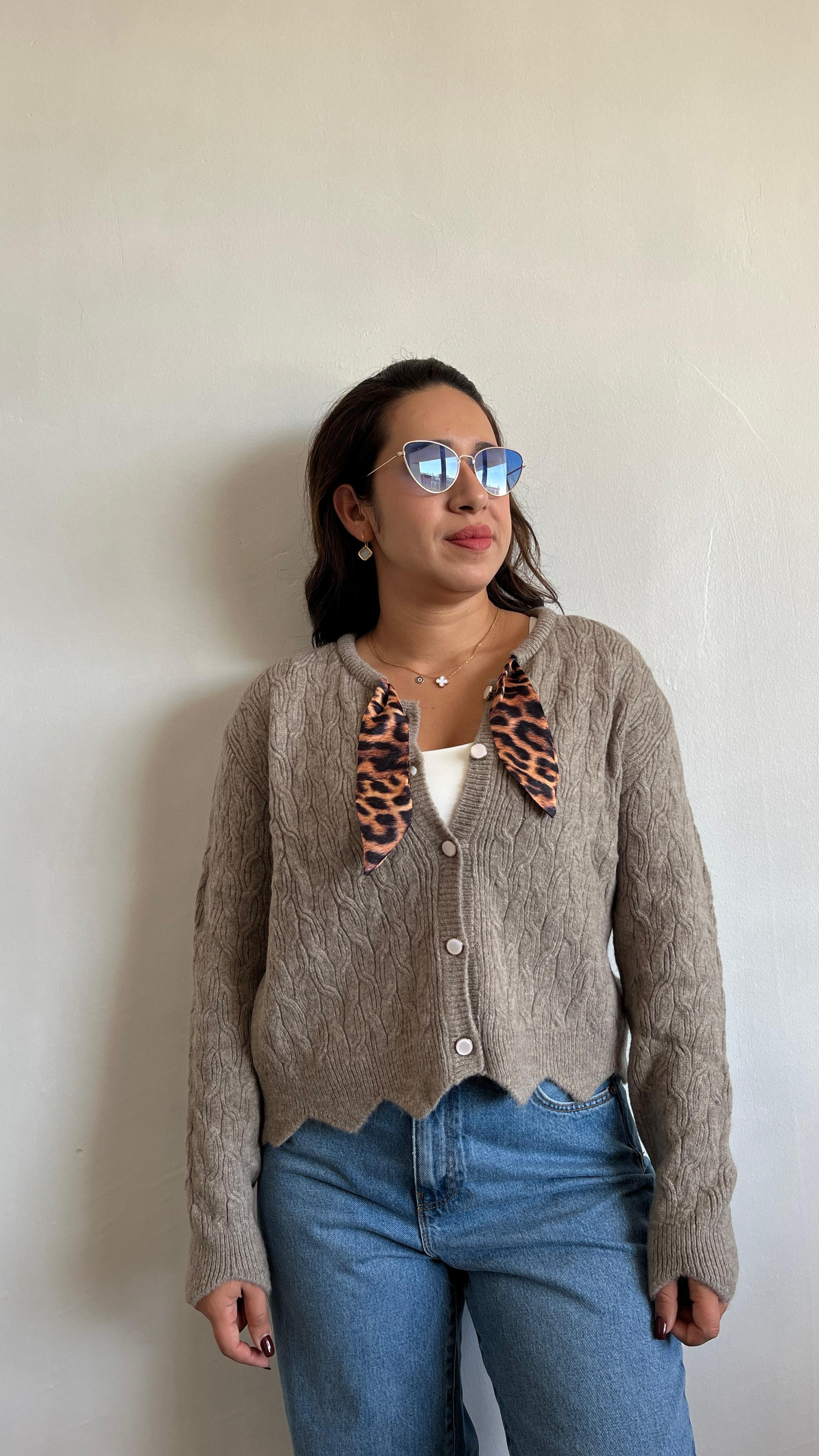 Leopar Detay Düğmeli Hırka