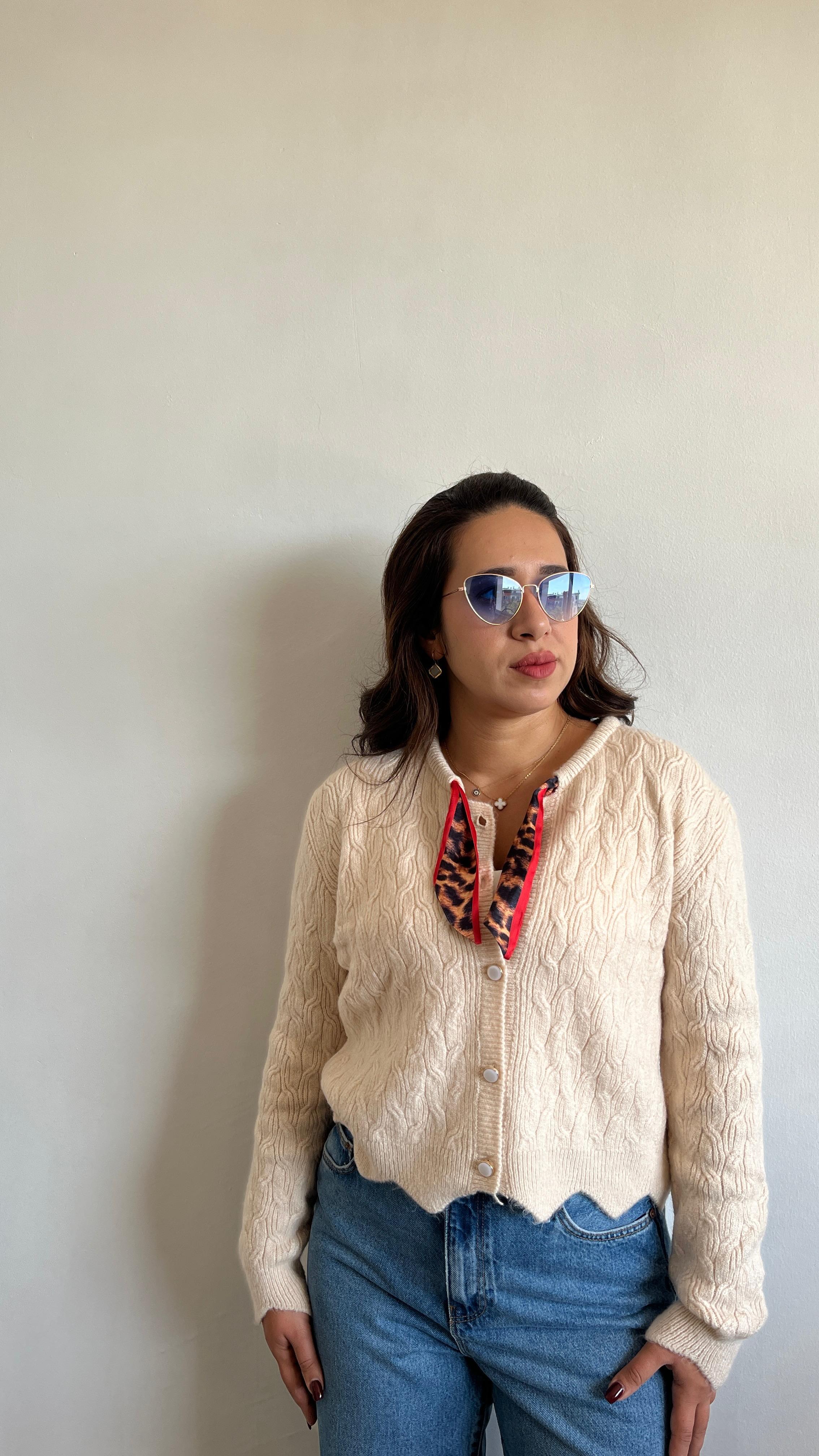 Leopar Detay Düğmeli Hırka