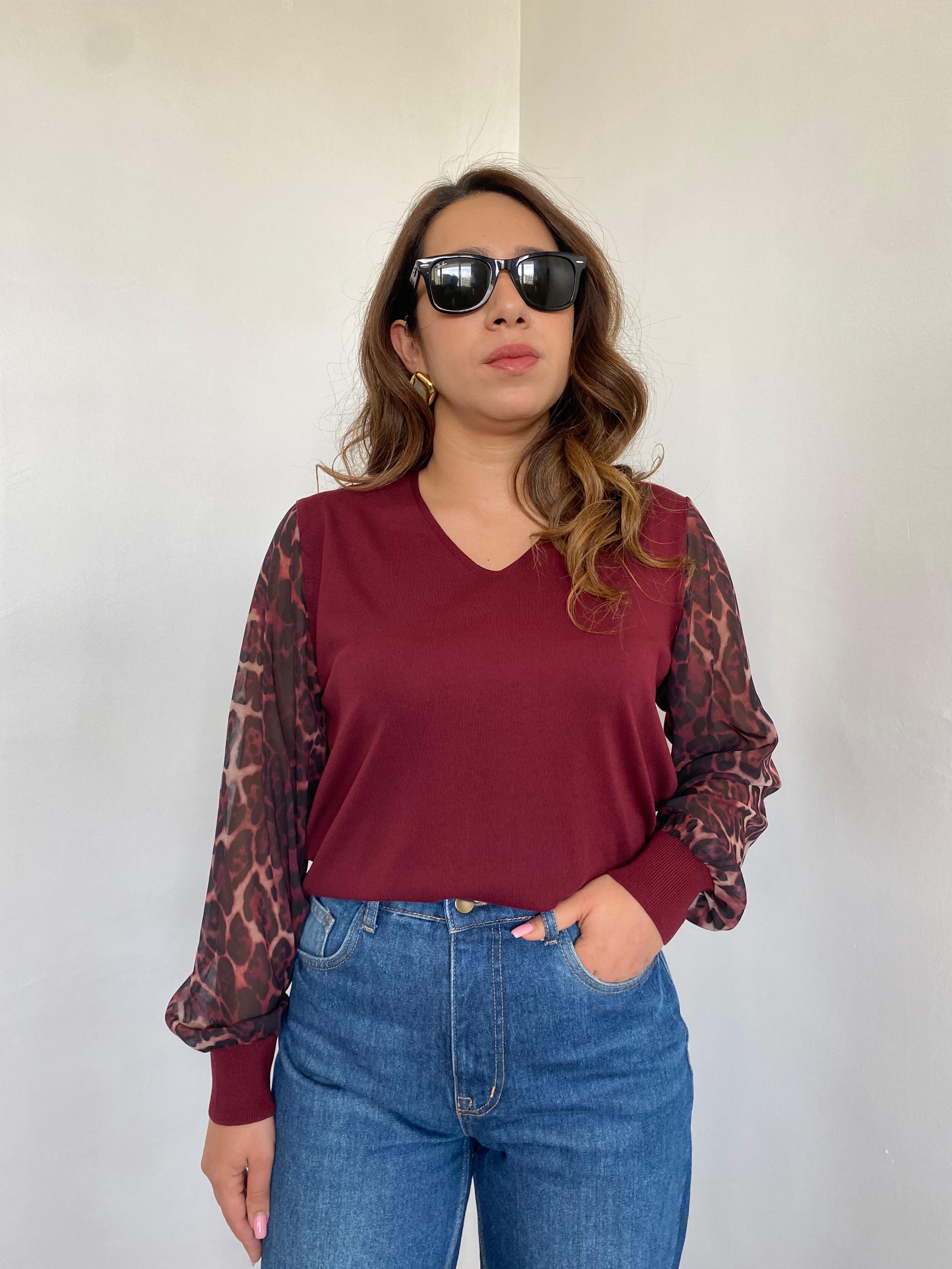 Leopar Kol Detay Bordo Triko