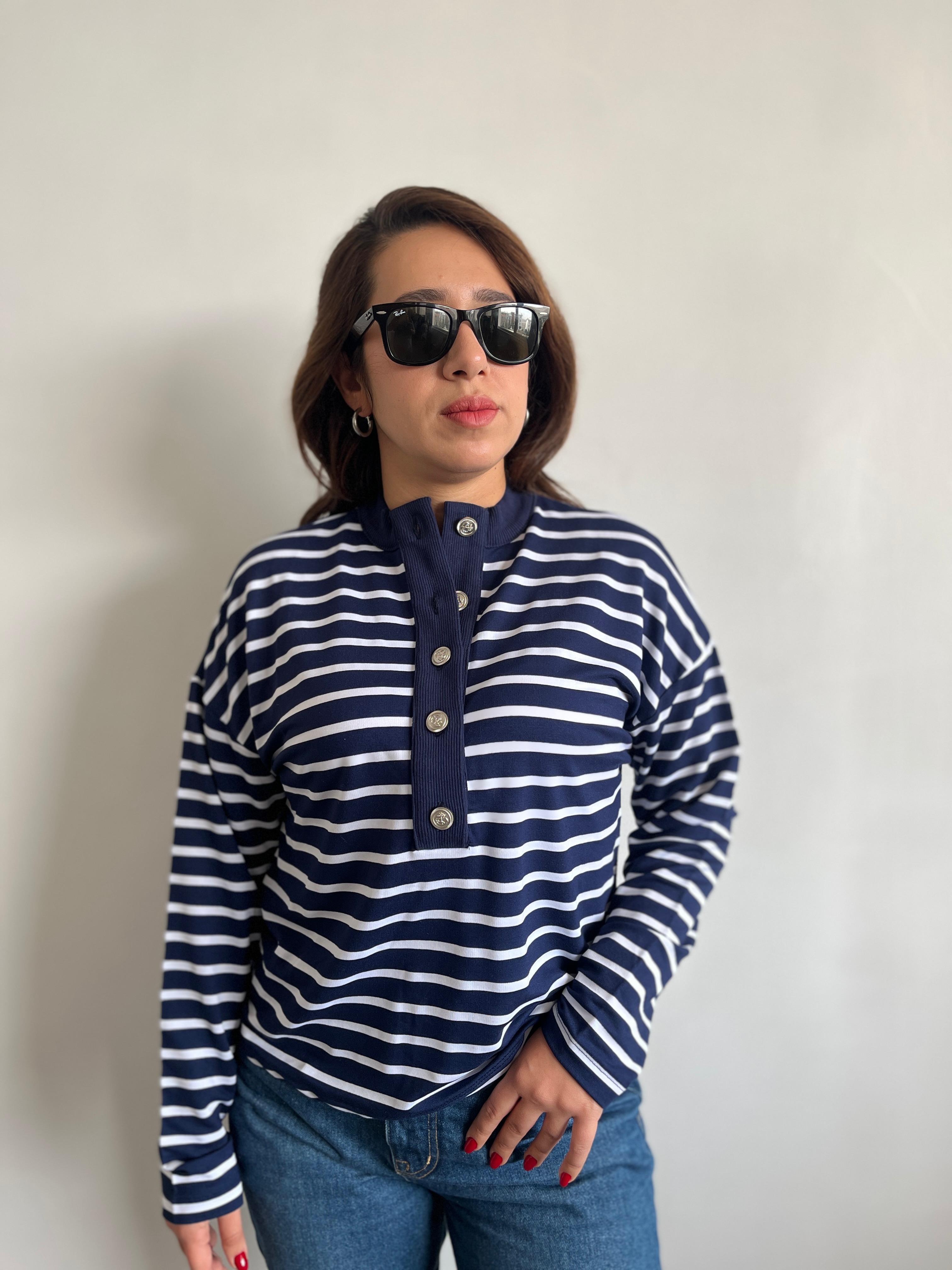 M.D. Lacivert Silver Düğmeli Çizgili Bluz