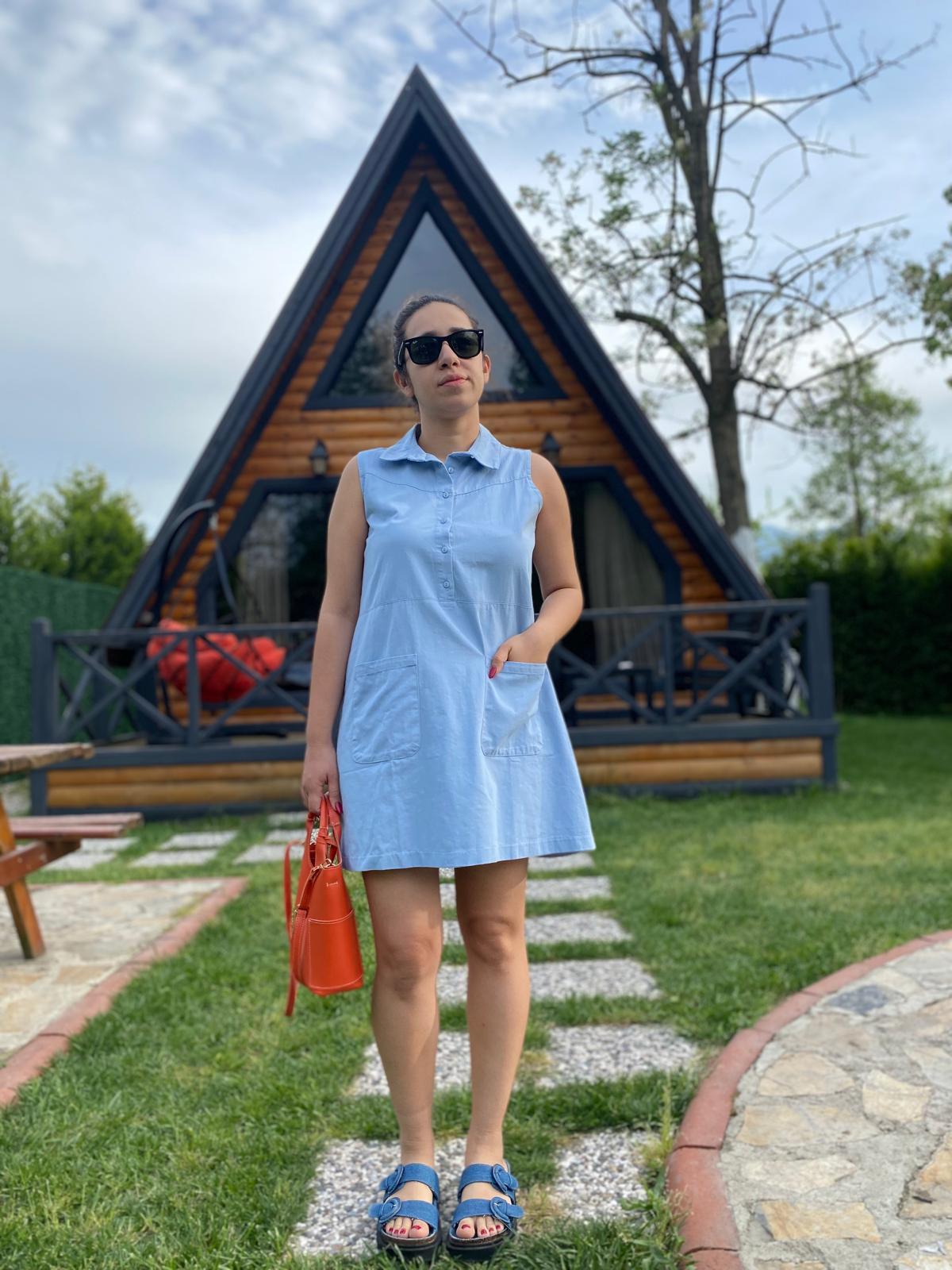 Mavi Önü Cepli Gömlek Elbise