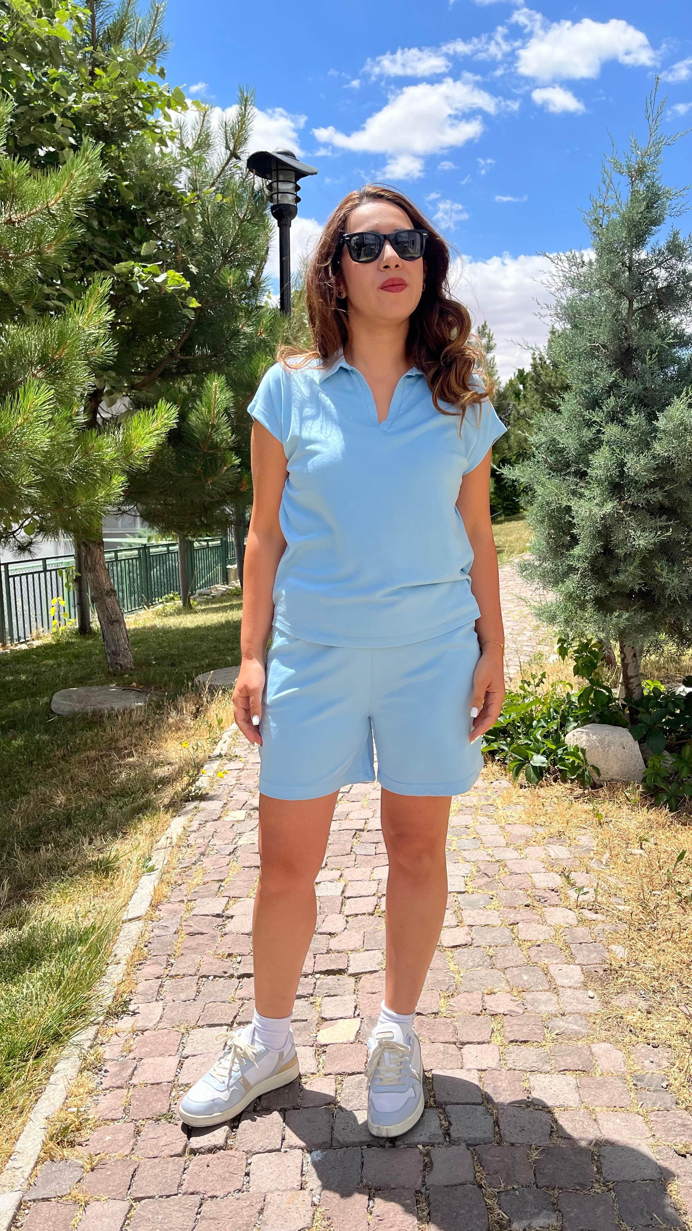 Modal Kumaş Şort-Tişört Bel Lastikli Bebe Mavi Takım