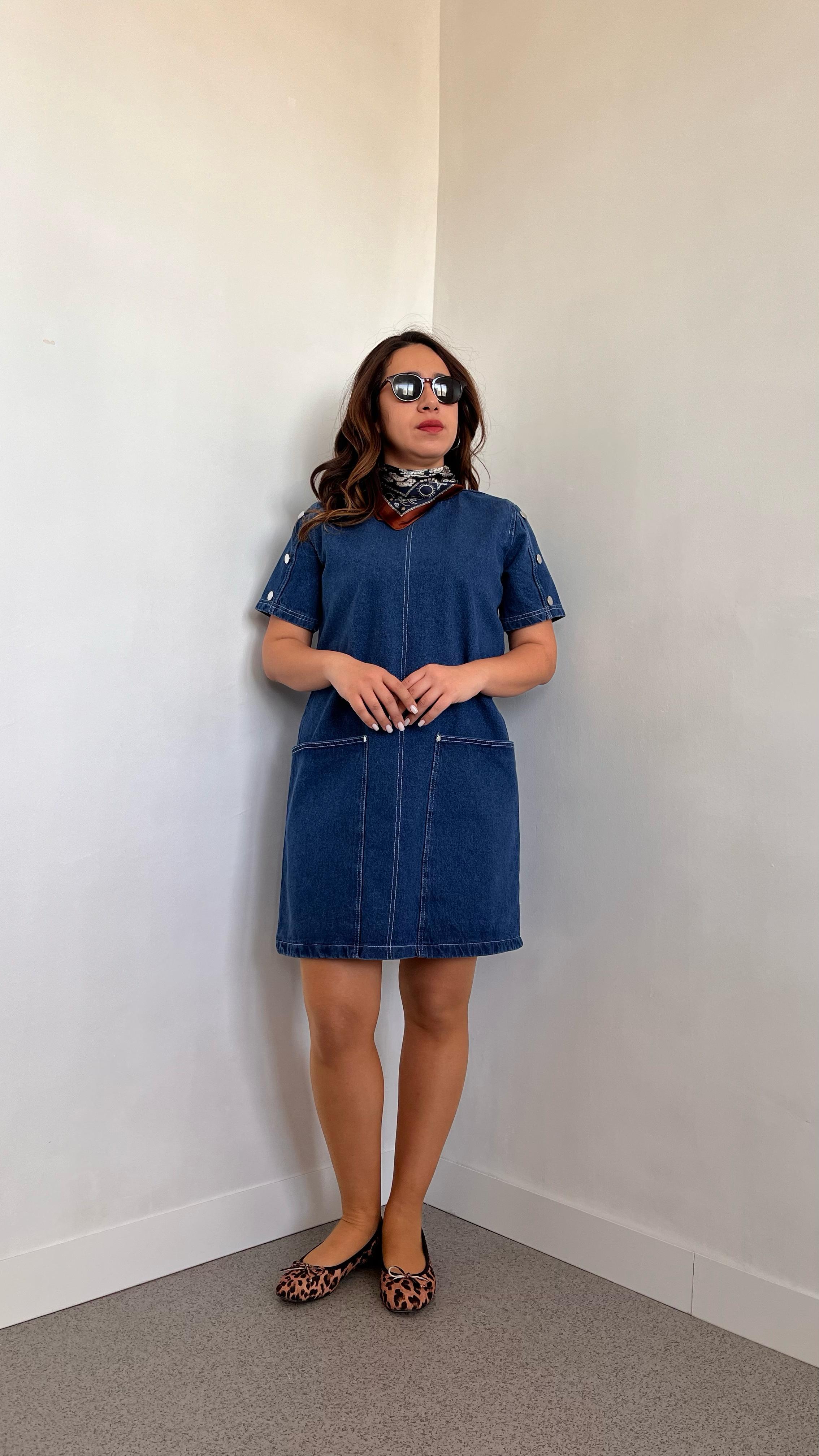 Omuz Detay Cepli Denim Elbise