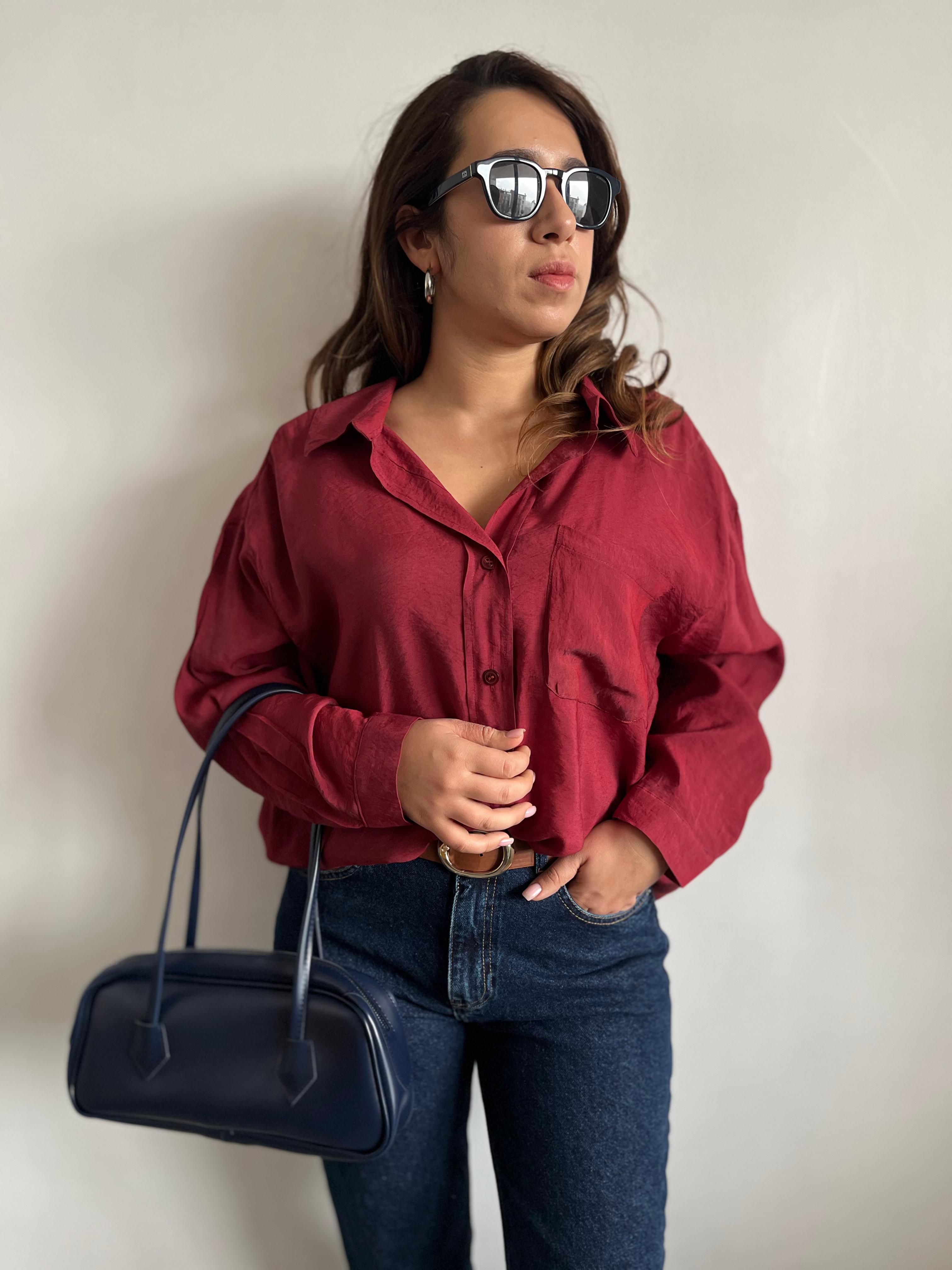 Oversize Bordo Keten Karışımlı Gömlek