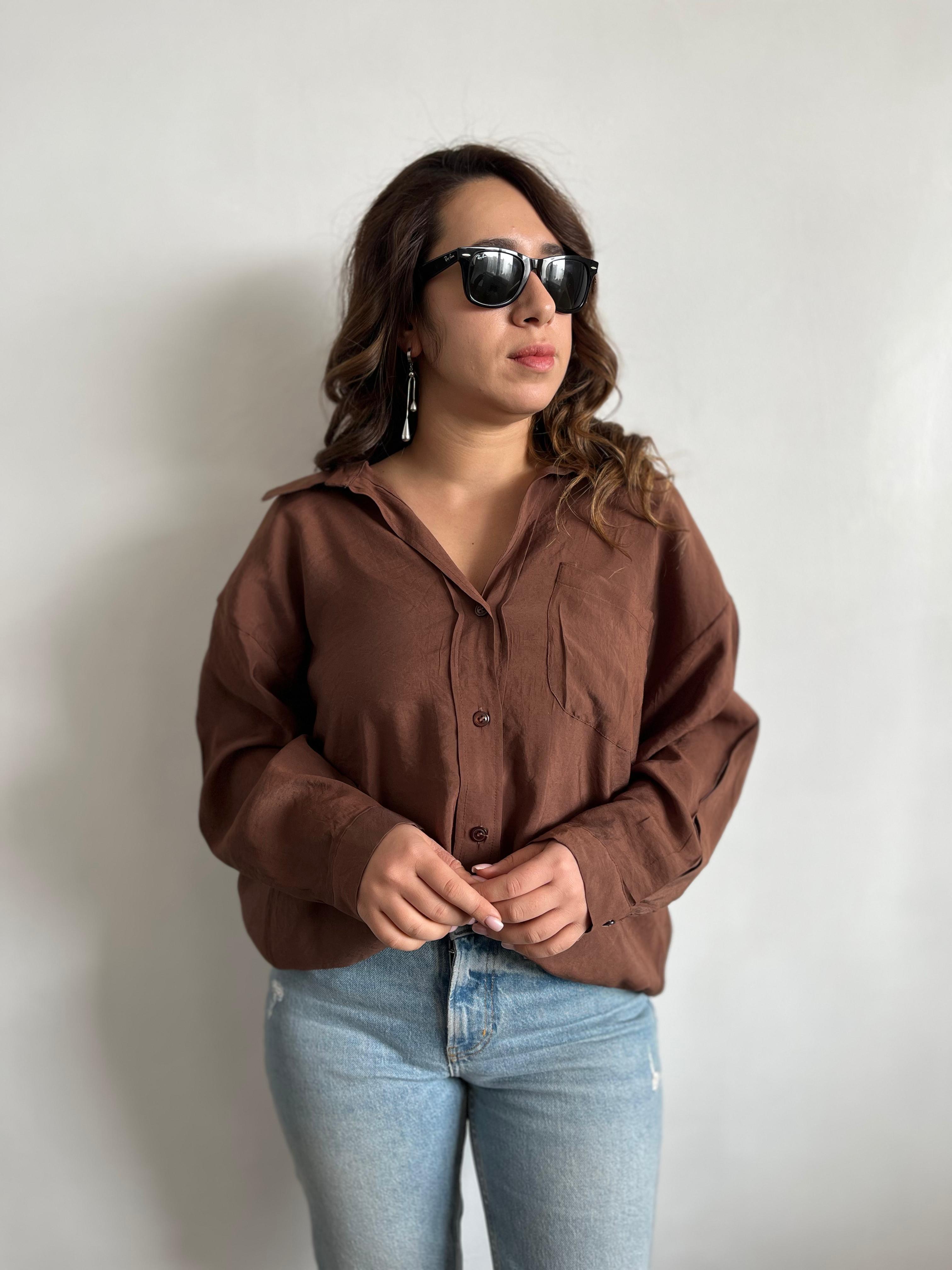 Oversize Bronz Keten Karışımlı Gömlek