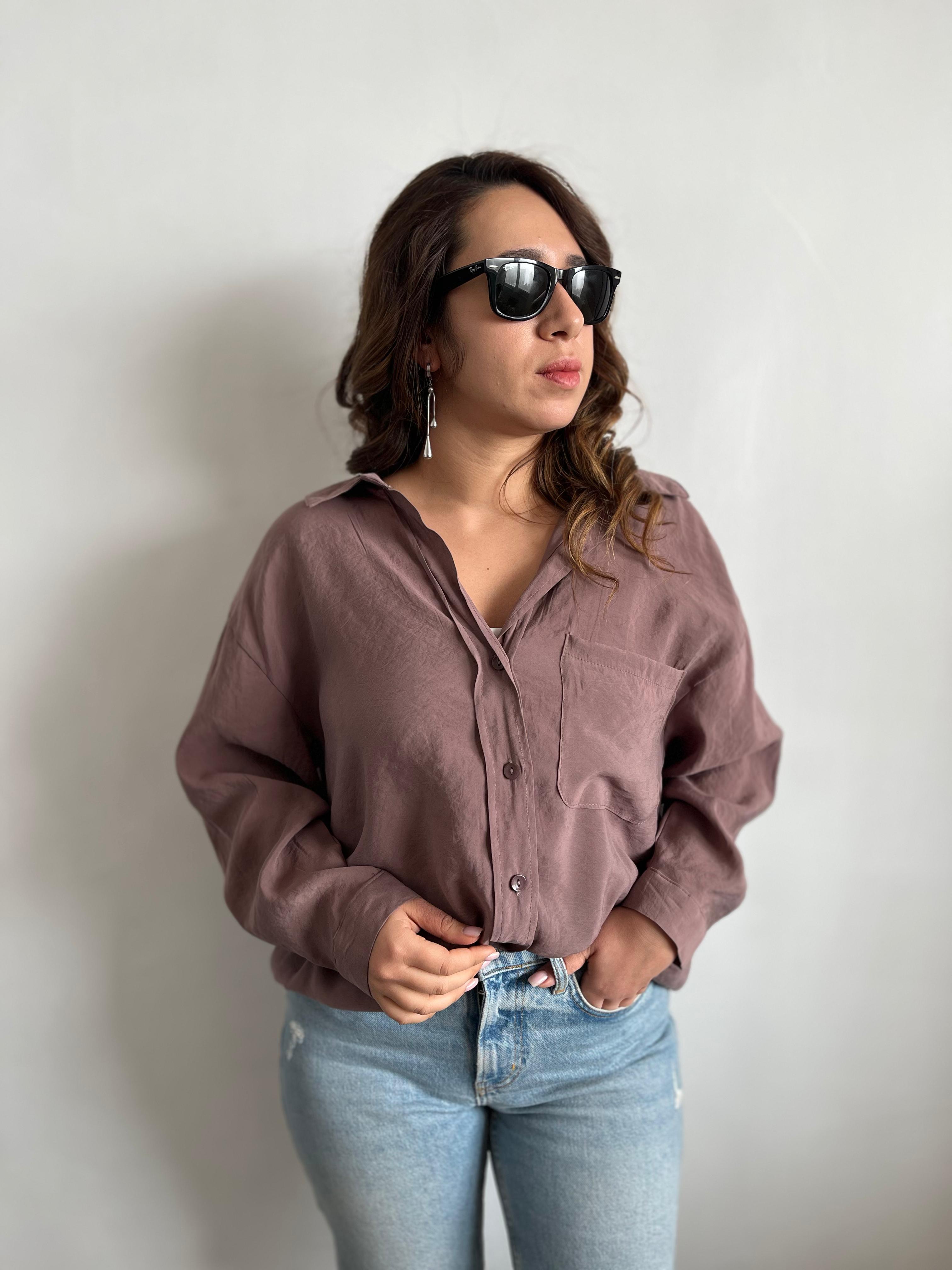 Oversize Mürdüm Keten Karışımlı Gömlek