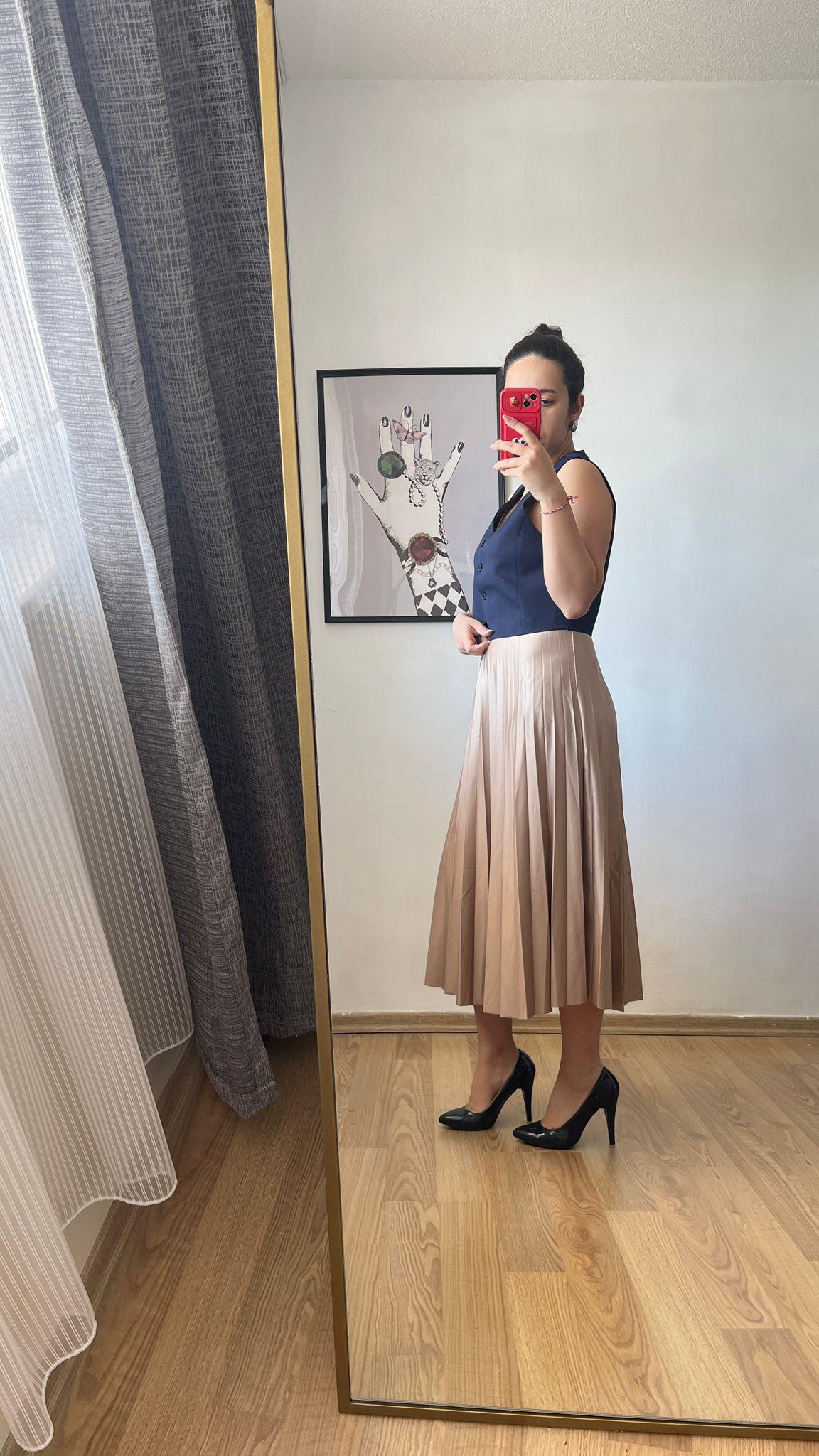 Pileli Uzun Bel Lastikli Etek