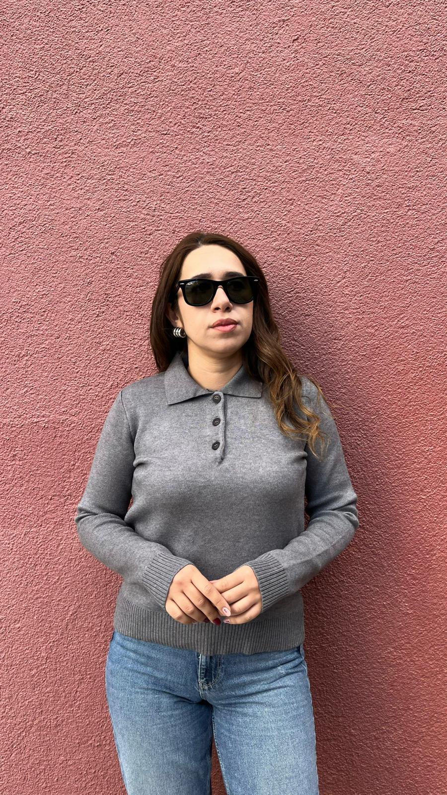 Polo Yaka Gri Kadın Kazak