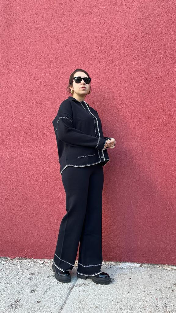 Premium Triko Ekru-Siyah Takım