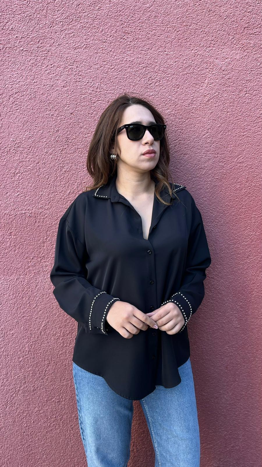 Taş Detay Siyah Kadın Gömlek