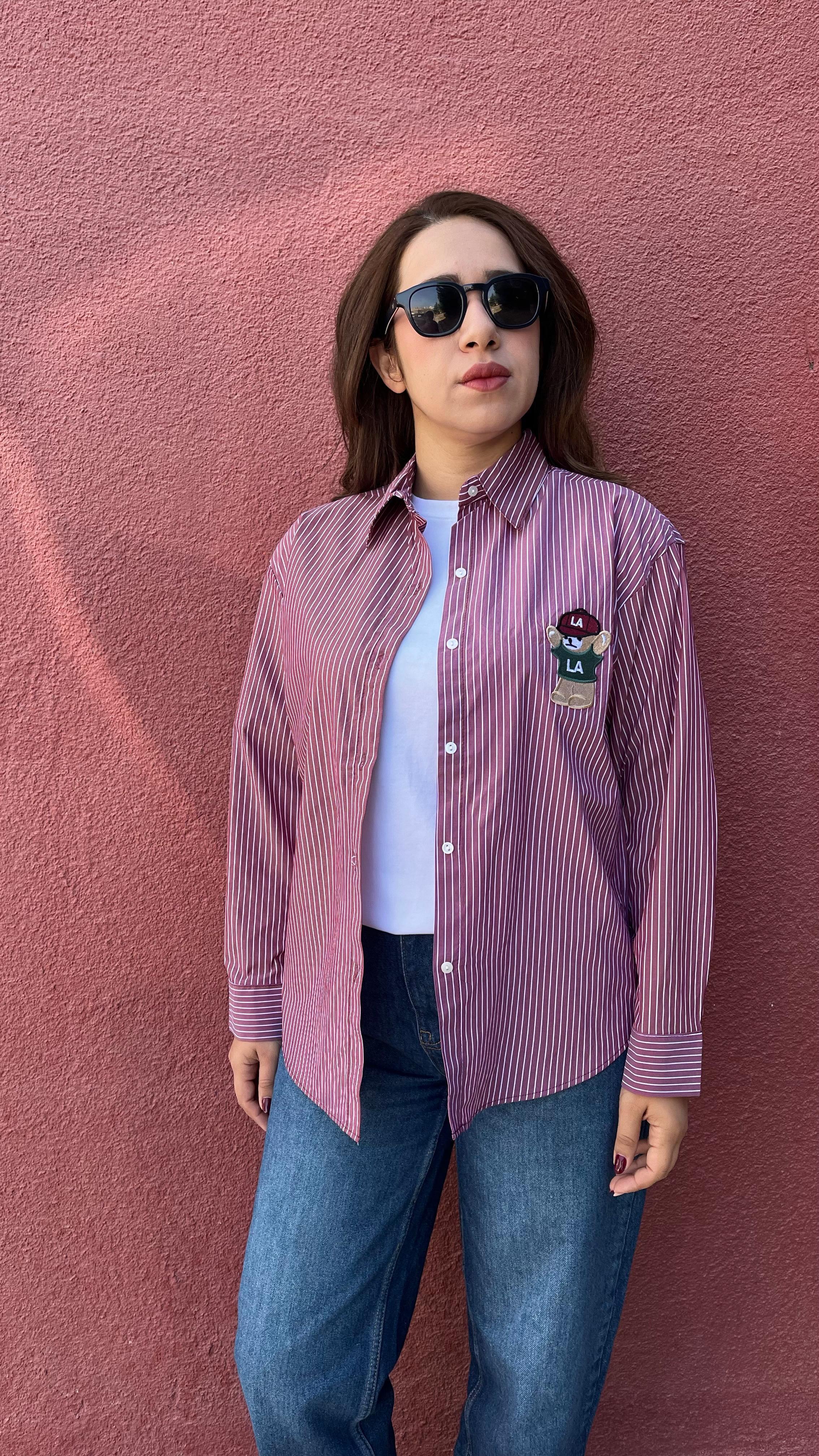 Teddy Bordo Çizgili Kadın Gömlek