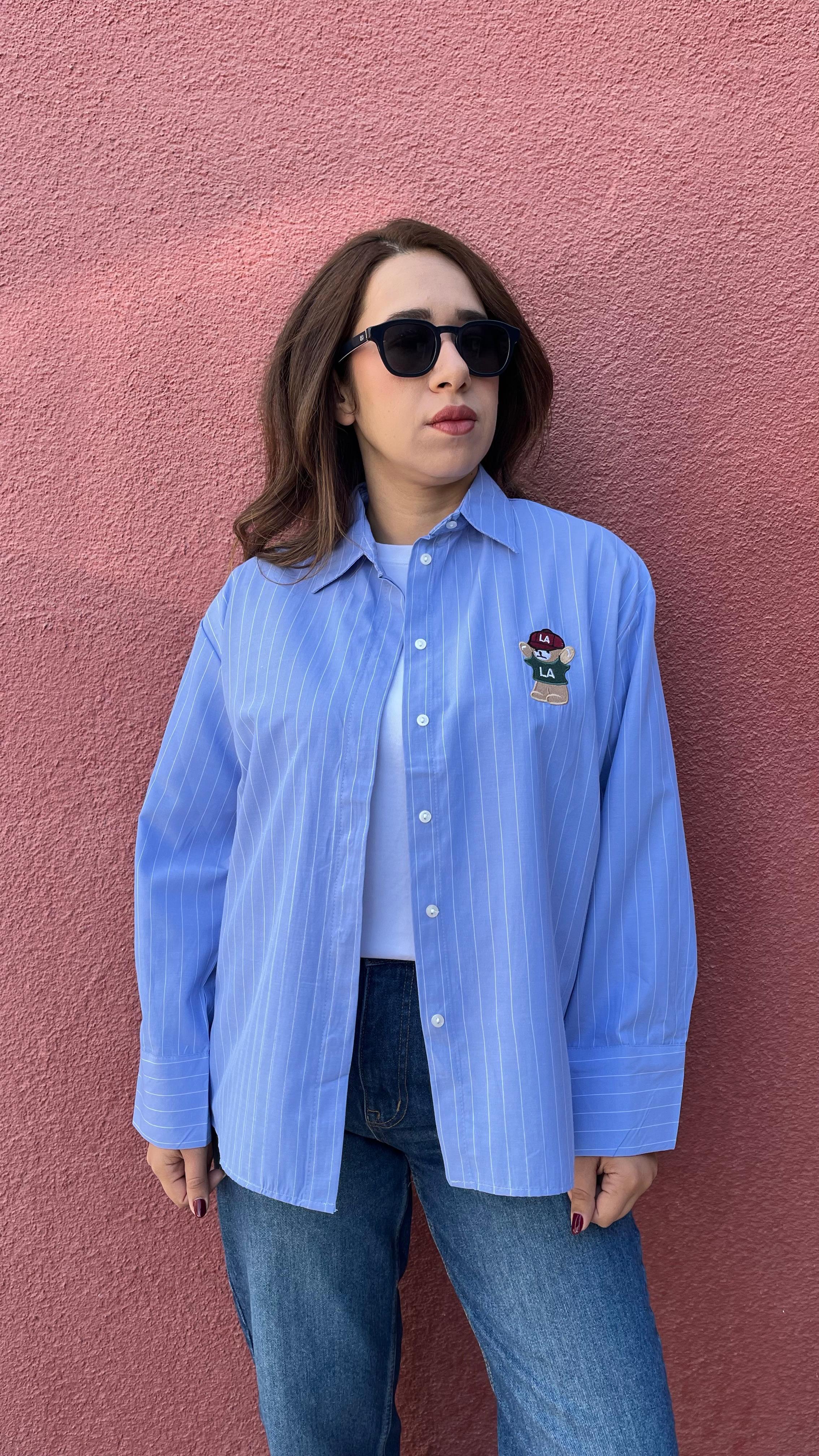 Teddy Mavi Çizgili Kadın Gömlek