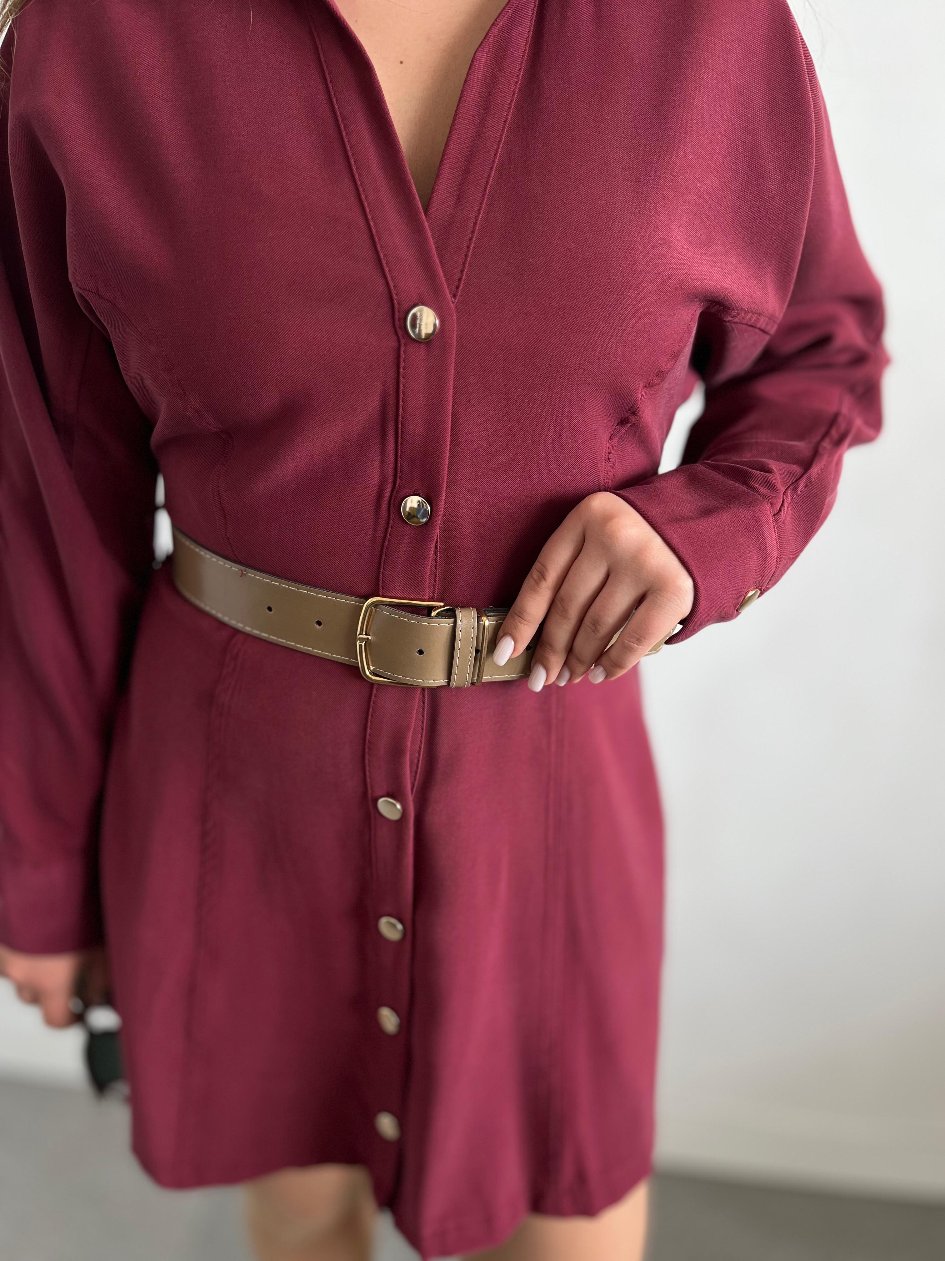 Tencel Kumaş Kemerli Bordo Elbise · 2
