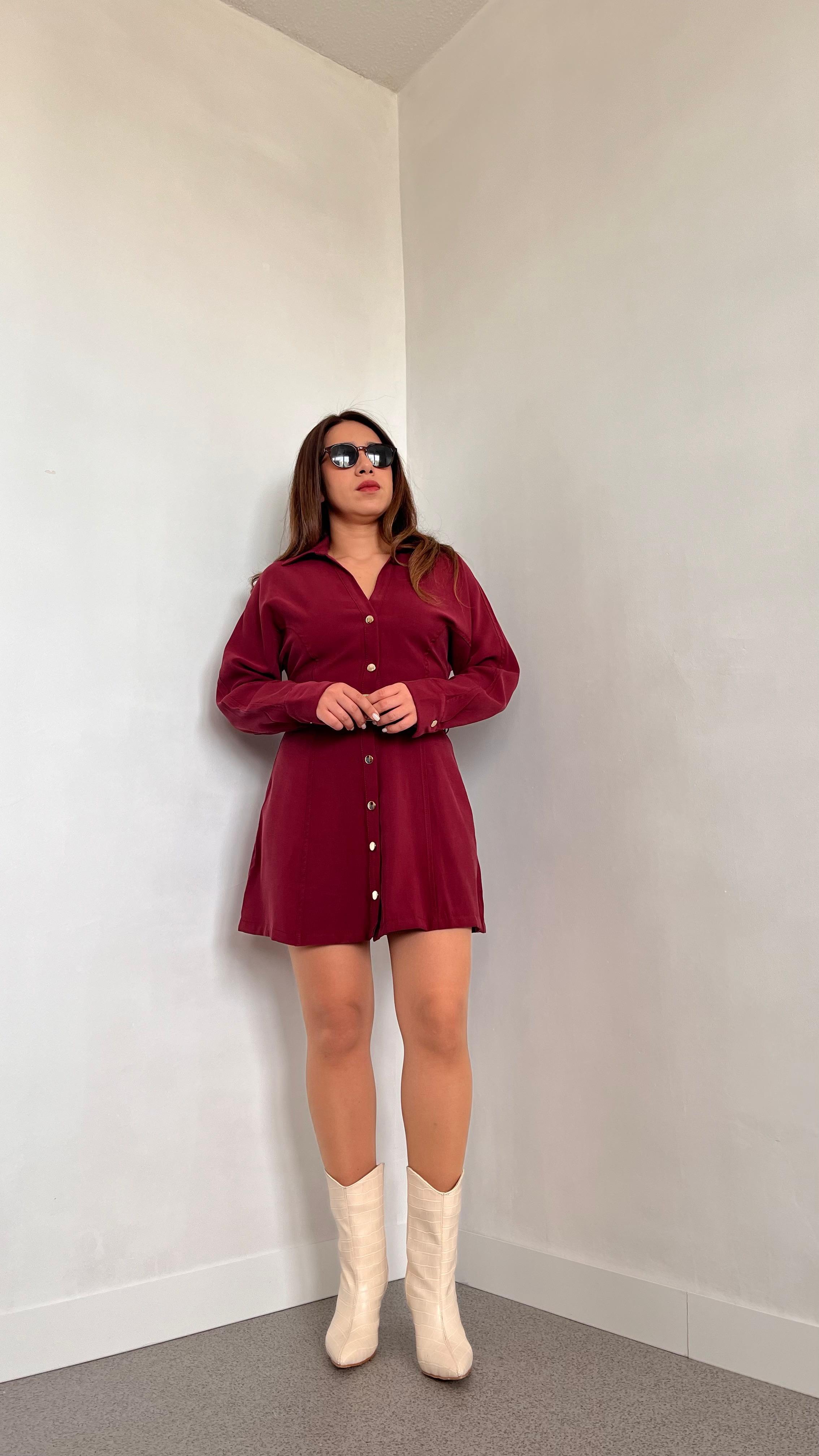 Tencel Kumaş Kemerli Bordo Elbise