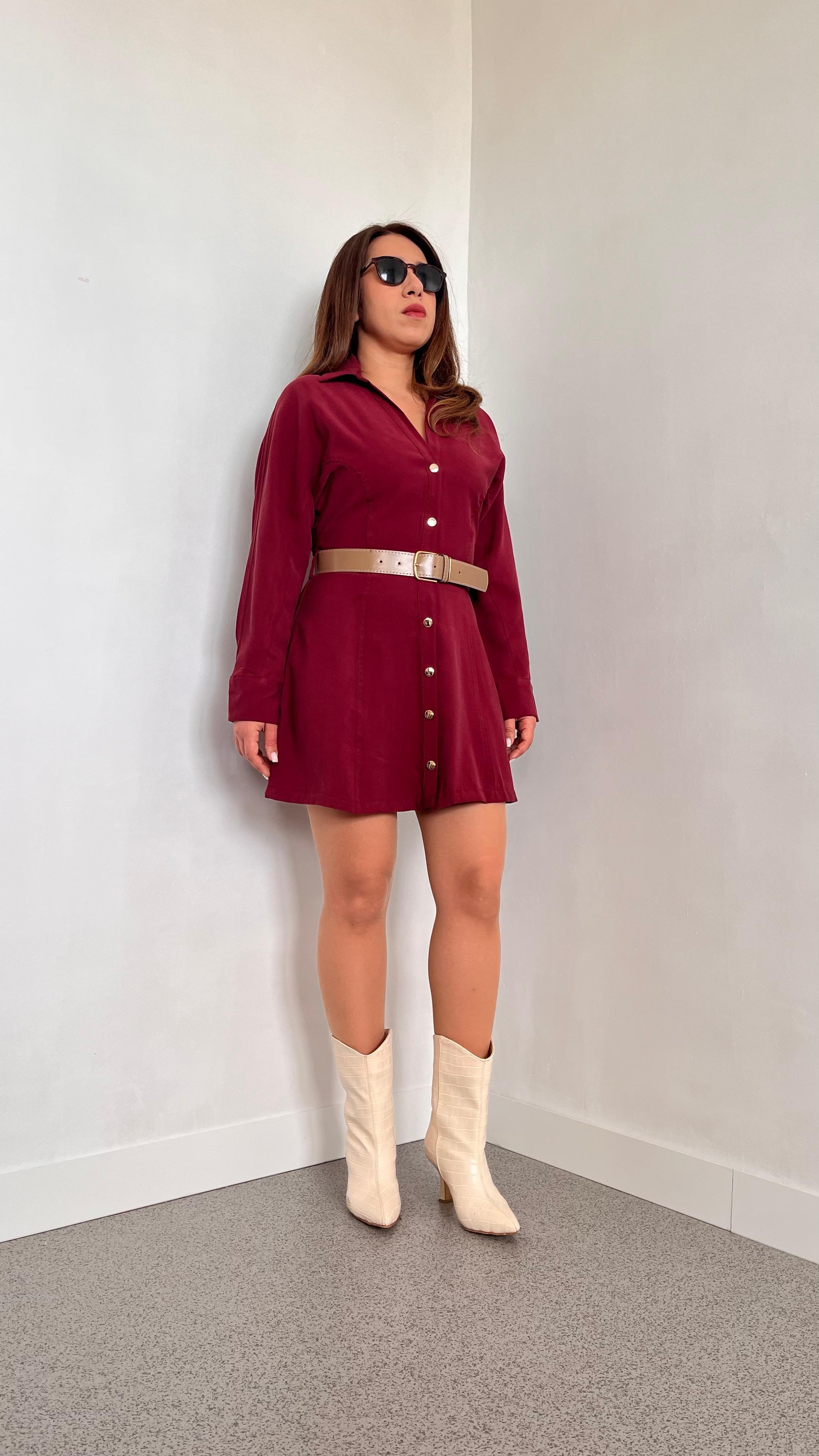 Tencel Kumaş Kemerli Bordo Elbise · 5