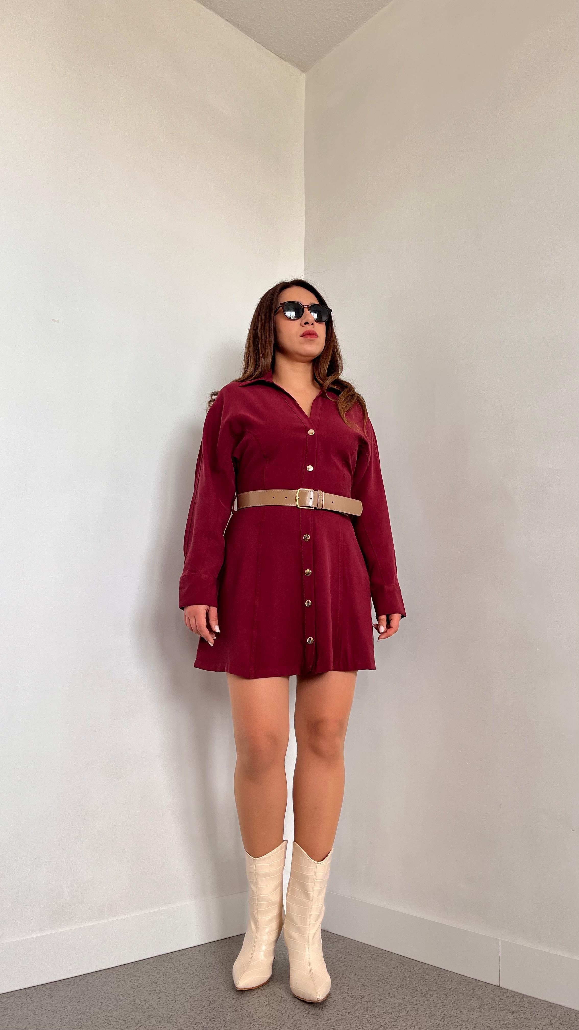 Tencel Kumaş Kemerli Bordo Elbise · 3