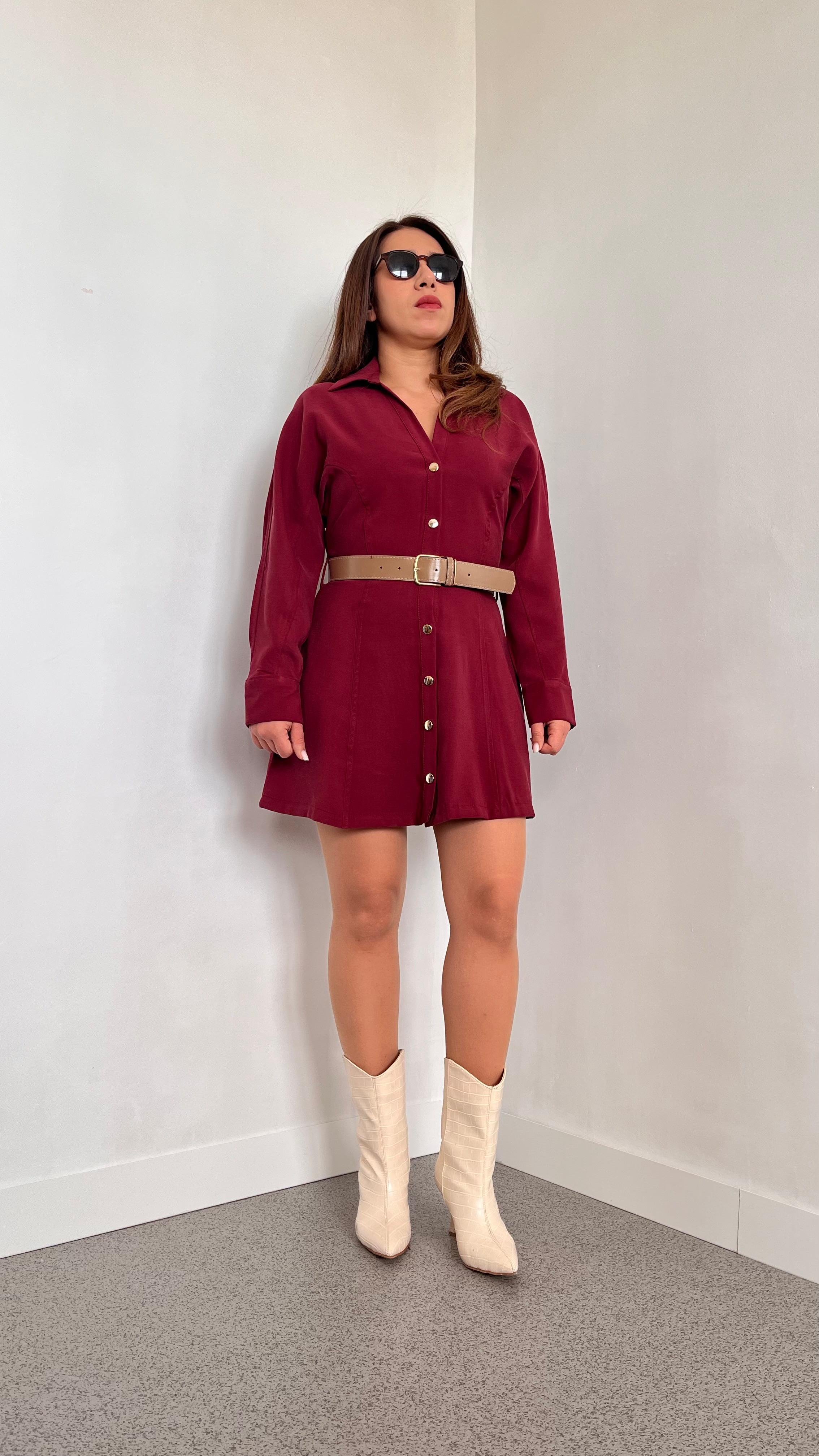 Tencel Kumaş Kemerli Bordo Elbise · 4