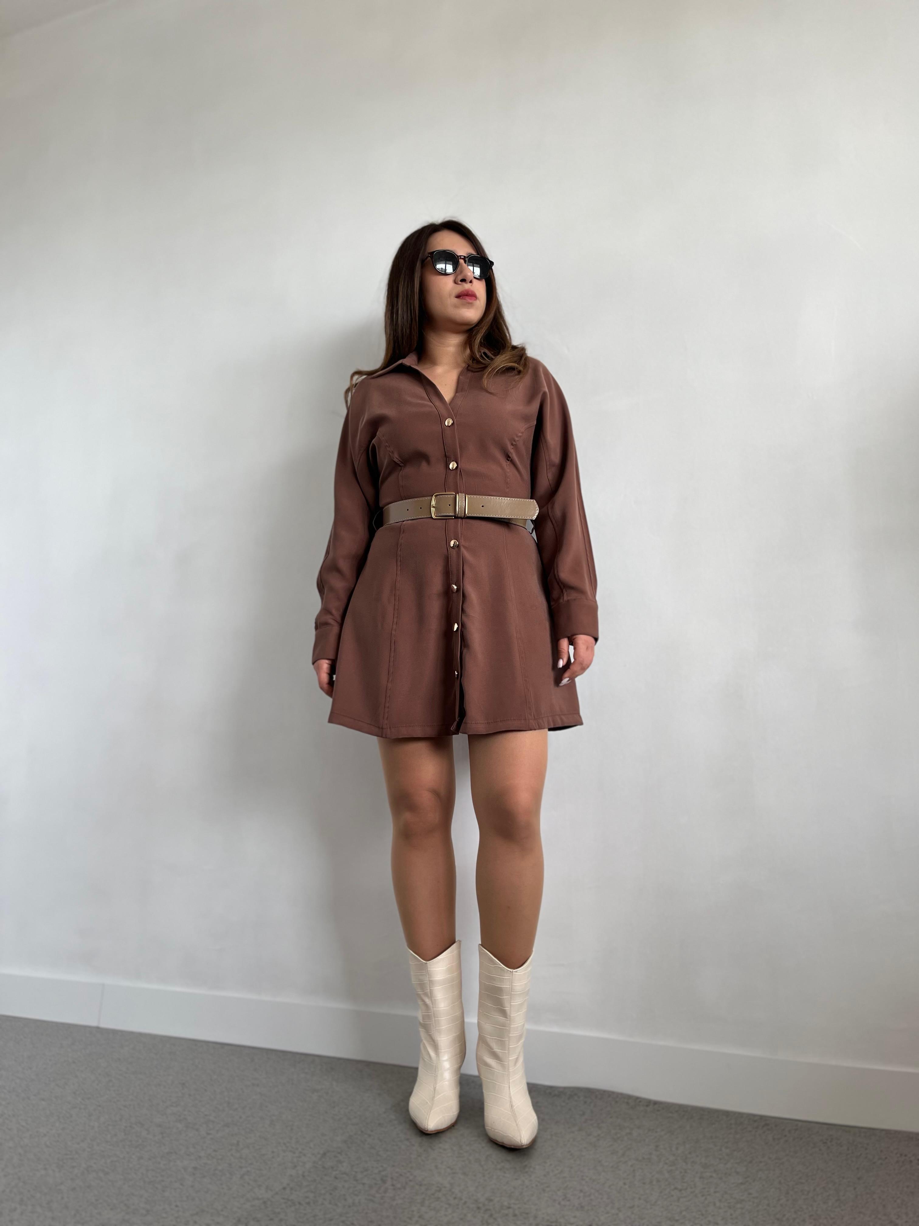 Tencel Kumaş Kemerli Kahve Elbise · 3