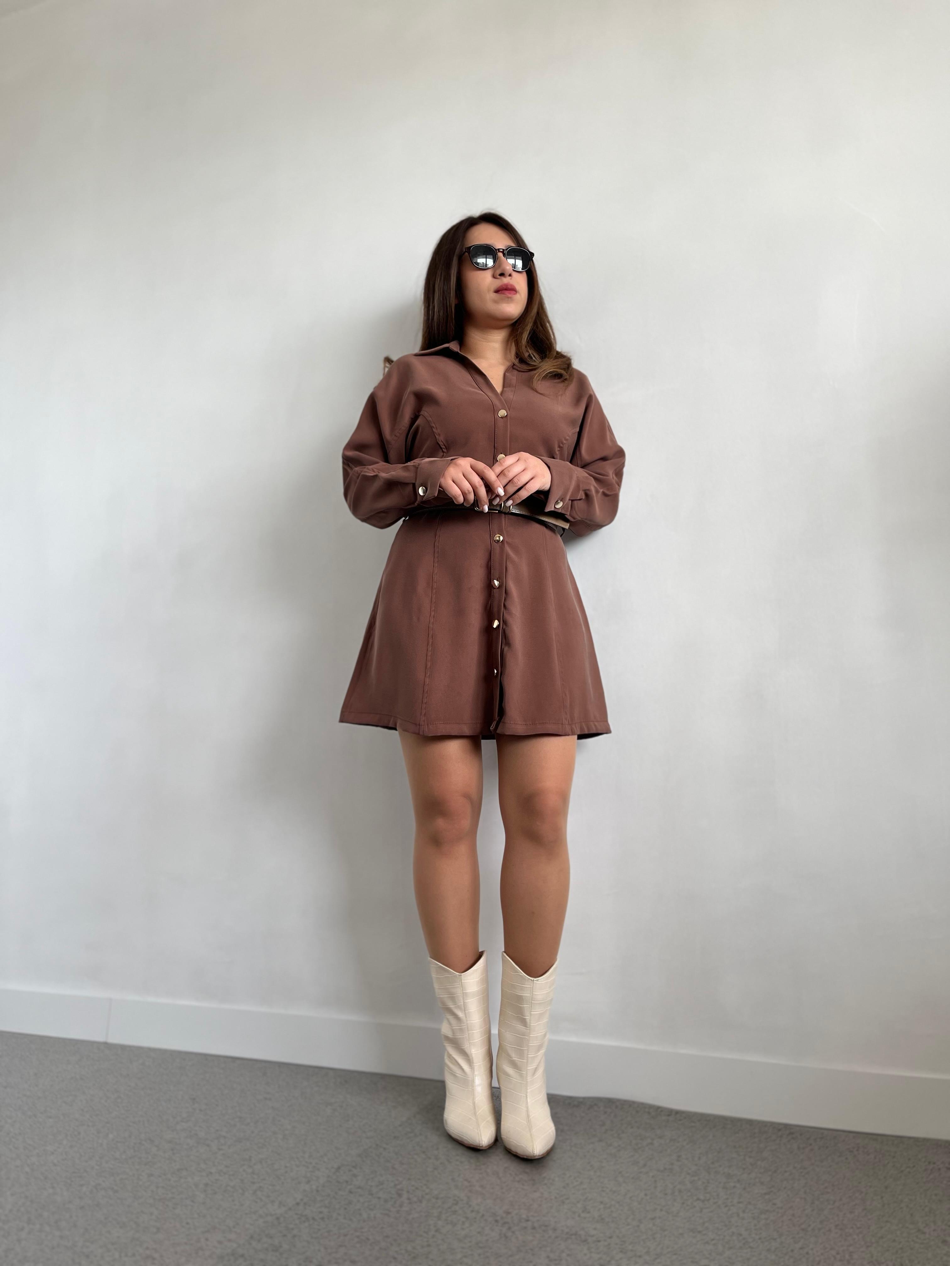 Tencel Kumaş Kemerli Kahve Elbise