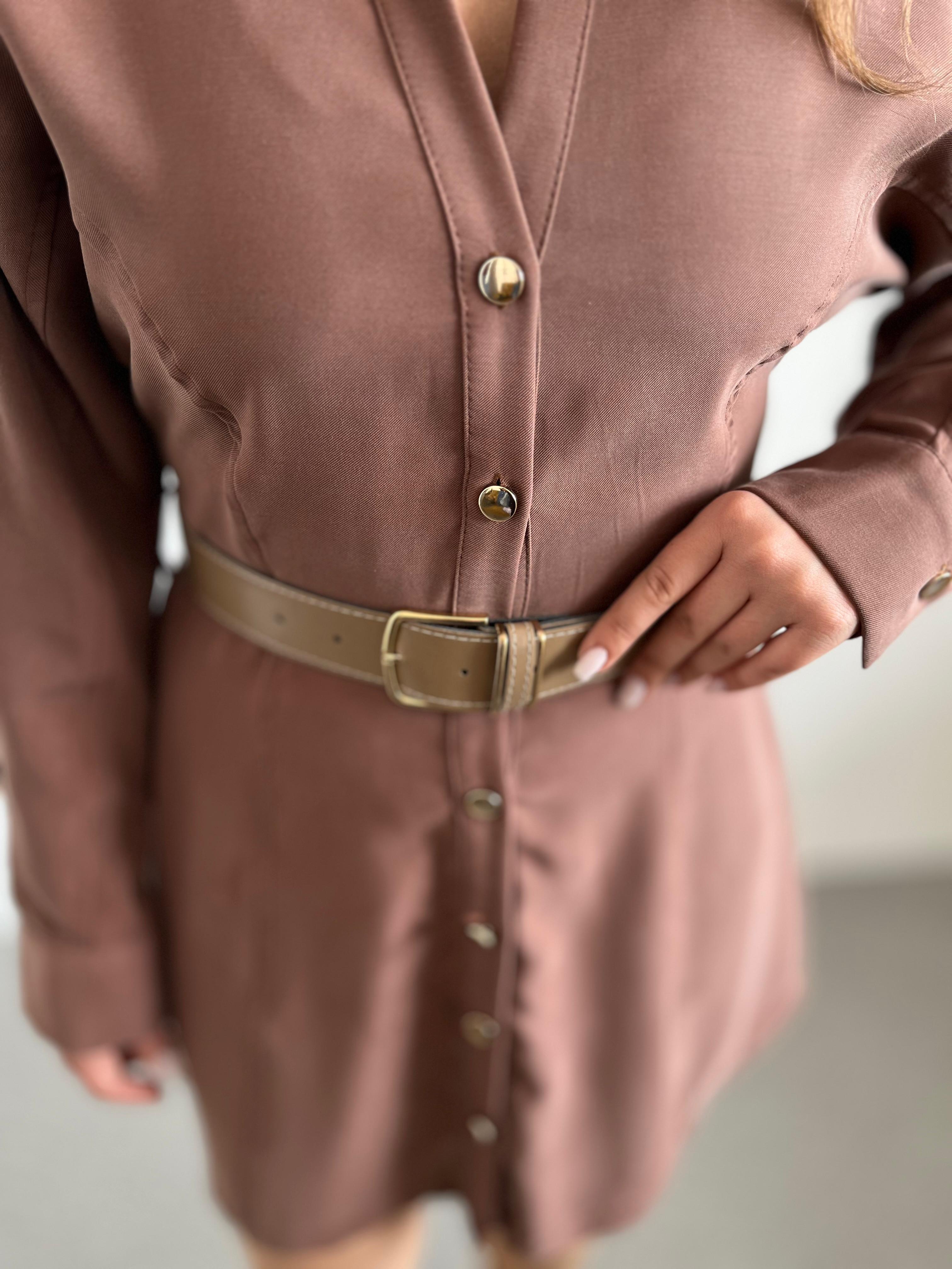 Tencel Kumaş Kemerli Kahve Elbise · 2