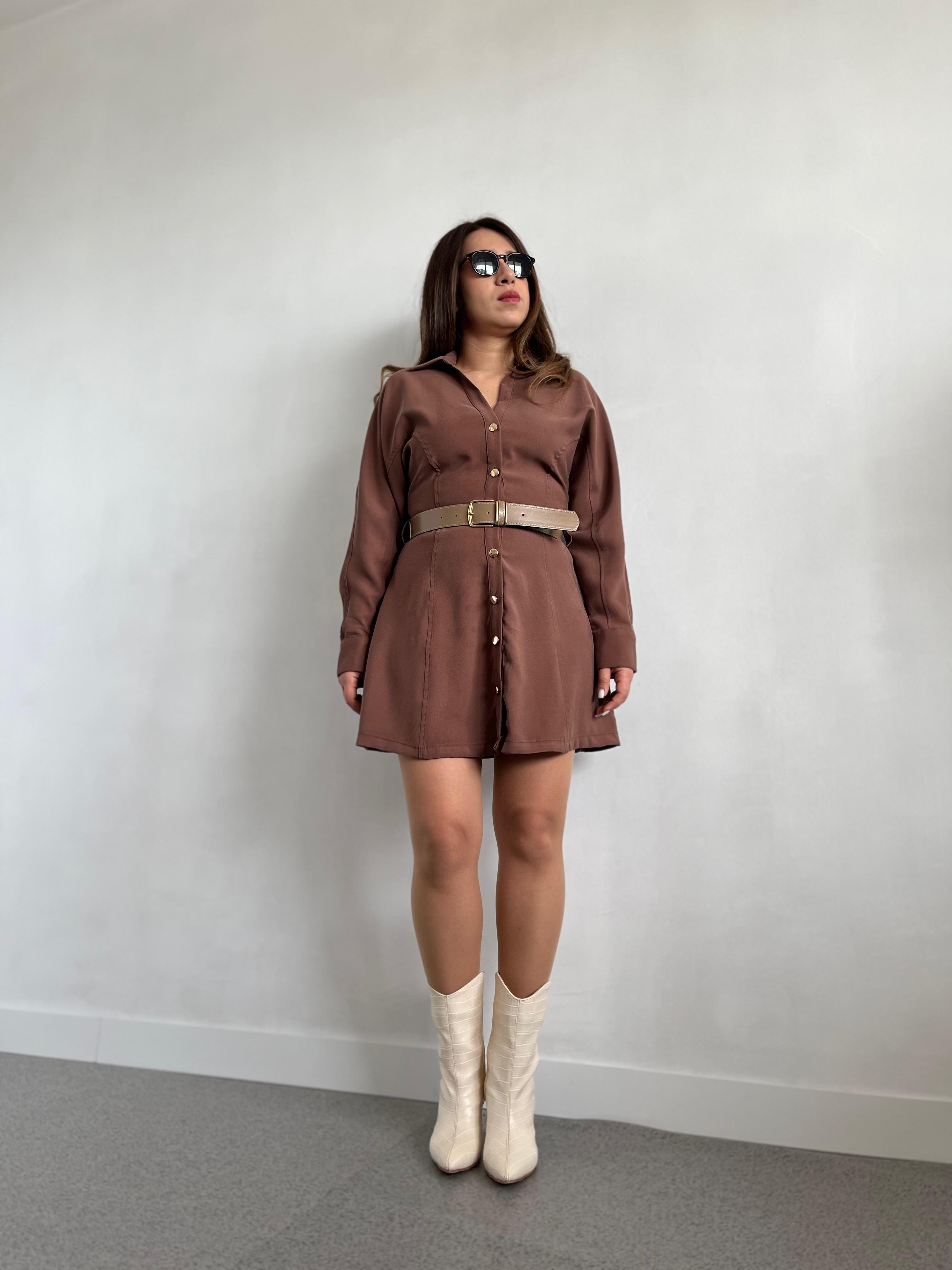 Tencel Kumaş Kemerli Kahve Elbise · 4
