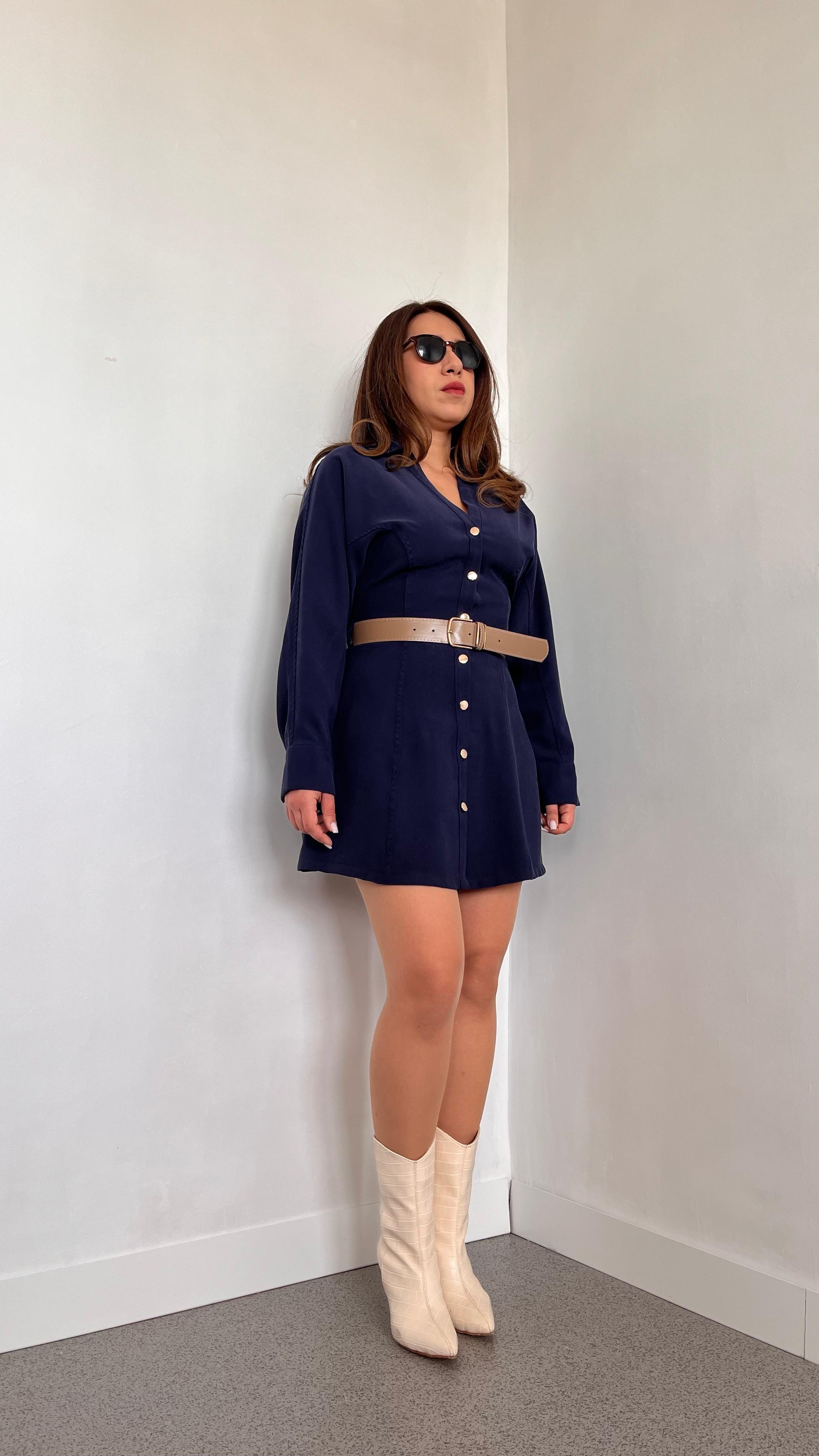 Tencel Kumaş Kemerli Lacivert Elbise