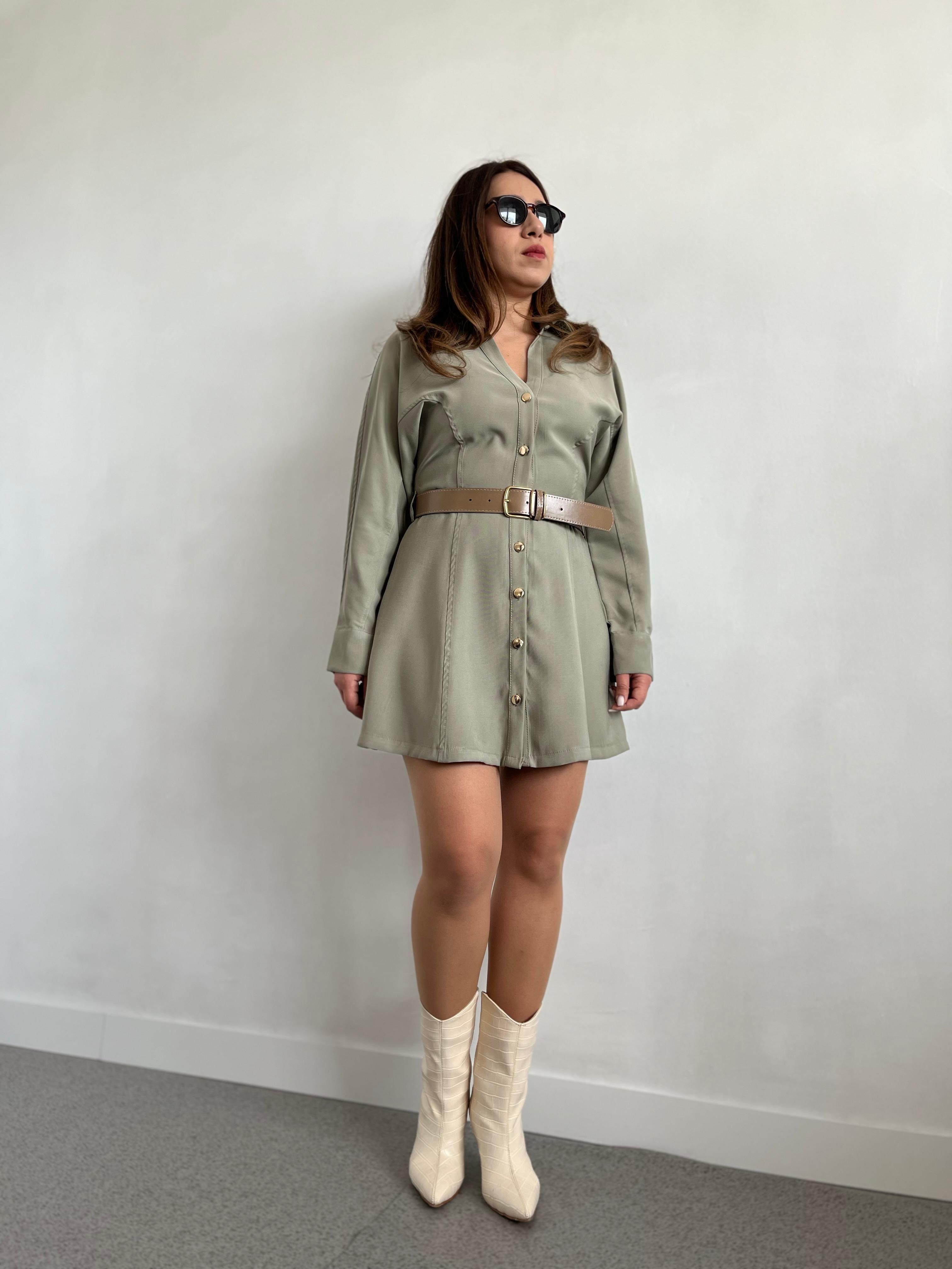 Tencel Kumaş Kemerli Yeşil Elbise · 4