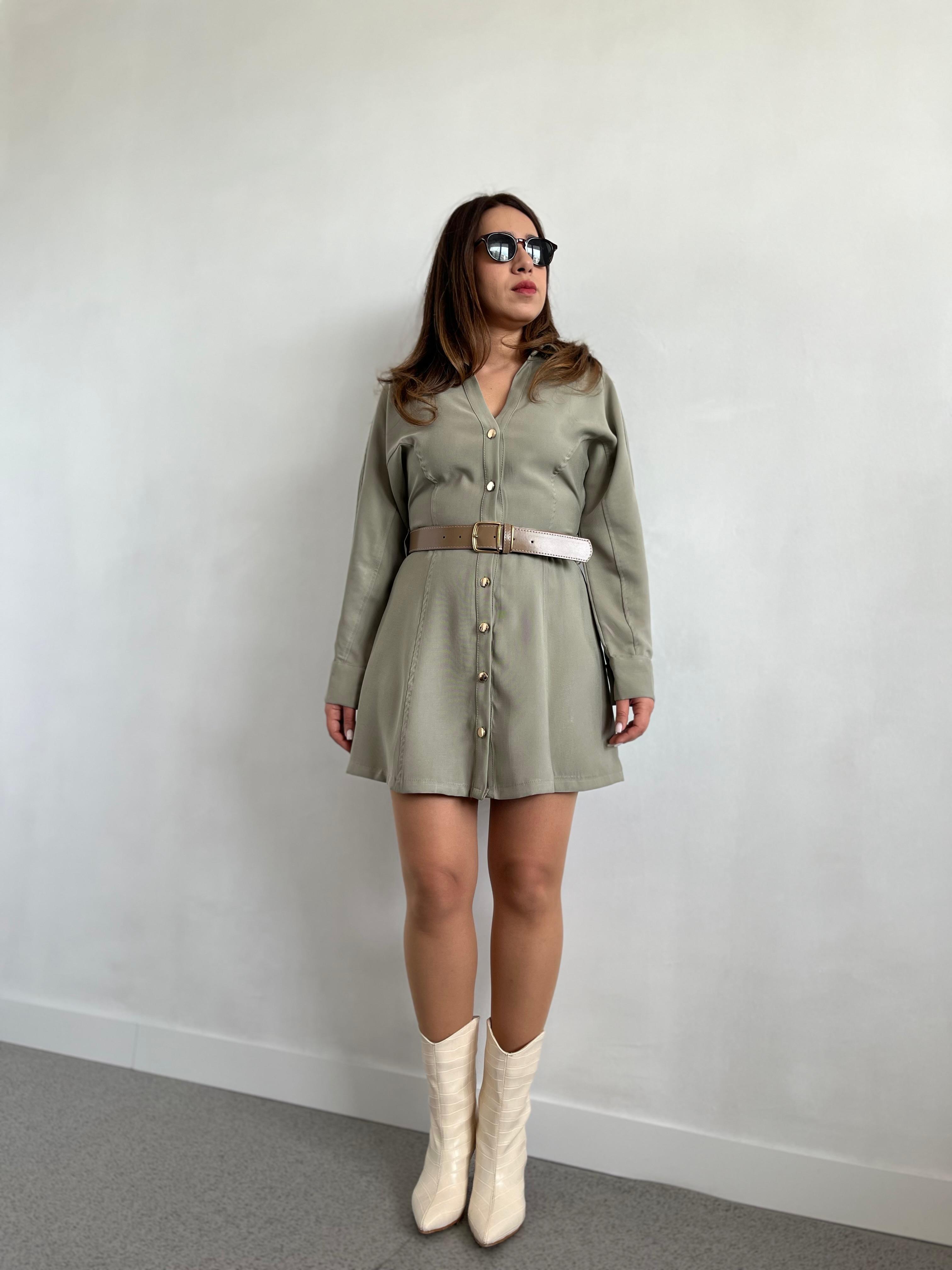 Tencel Kumaş Kemerli Yeşil Elbise · 3