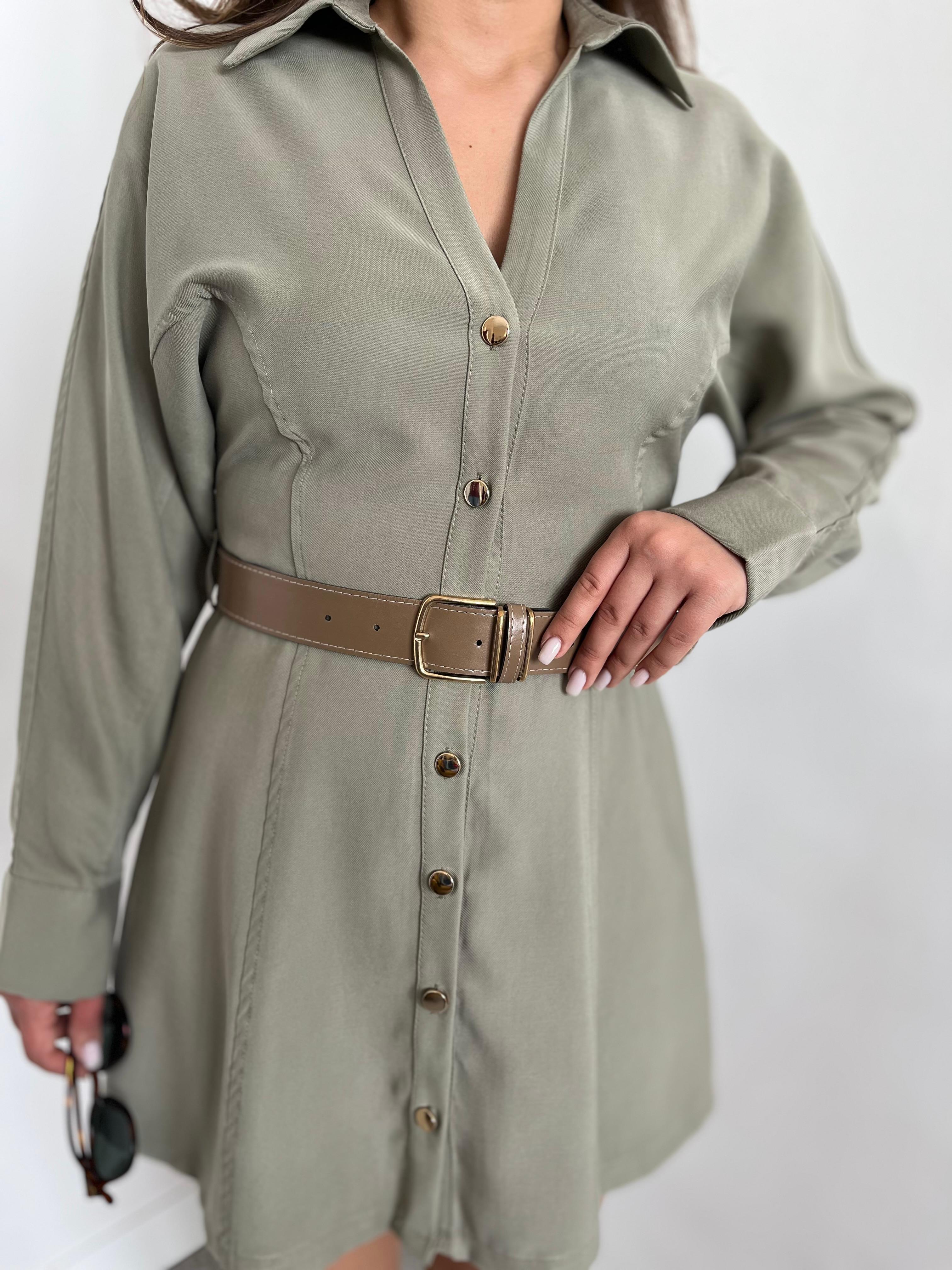 Tencel Kumaş Kemerli Yeşil Elbise · 2