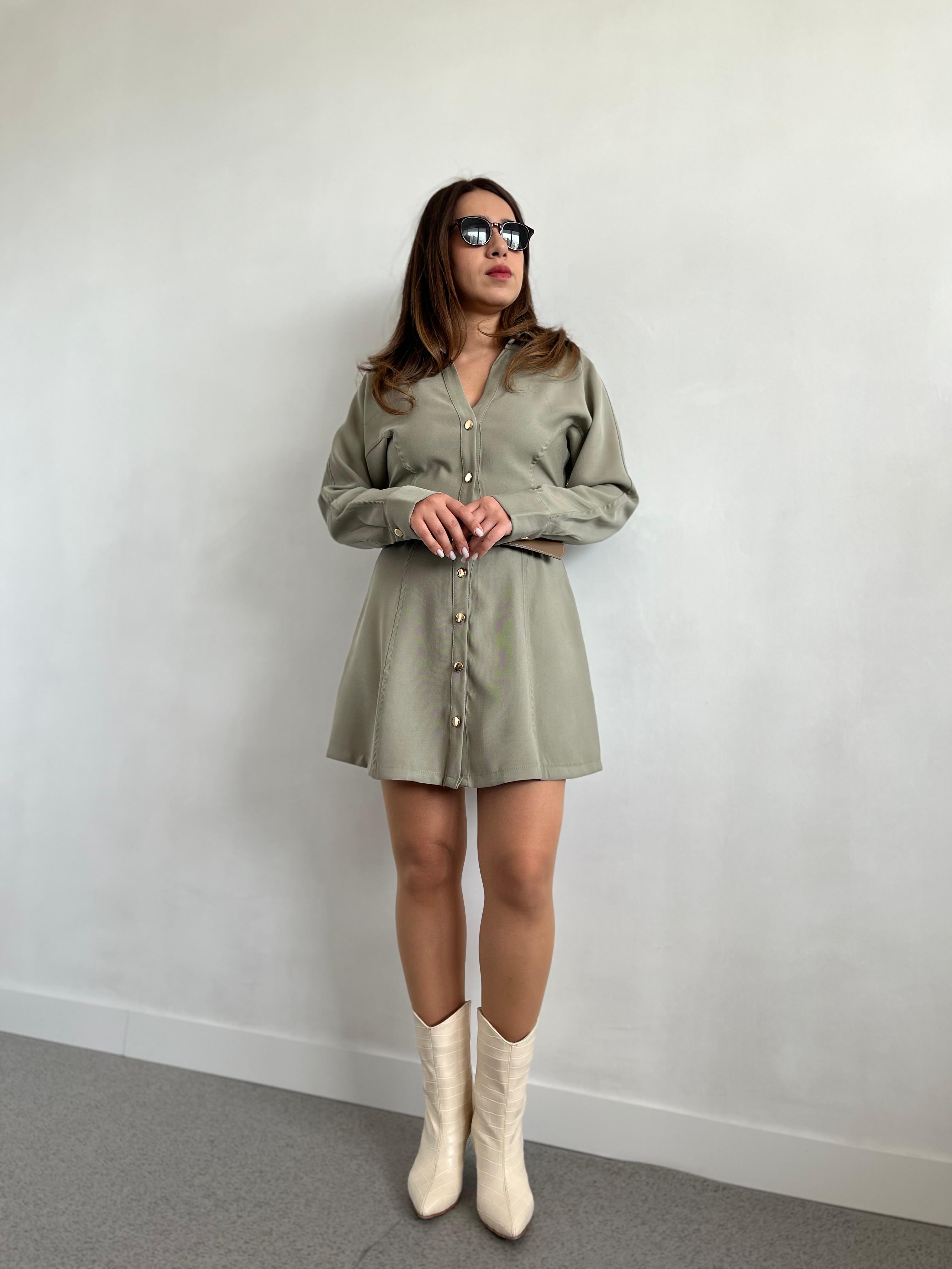 Tencel Kumaş Kemerli Yeşil Elbise