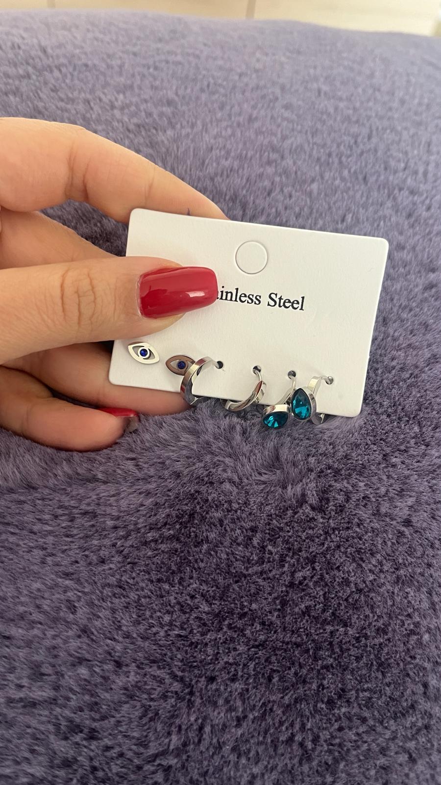 Üçlü Mavi Taşlı Silver Küpe