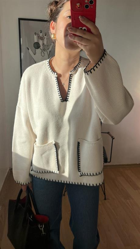 V Yaka Cepli Örgü Kadın Sweatshirt