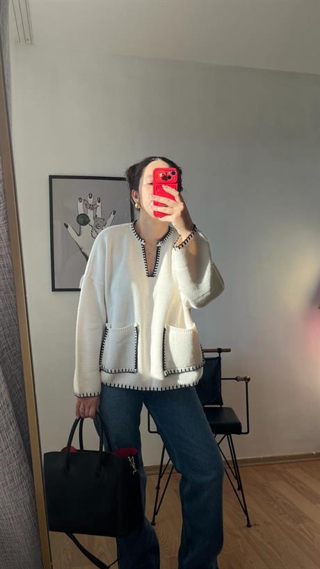 V Yaka Cepli Örgü Kadın Sweatshirt · 6