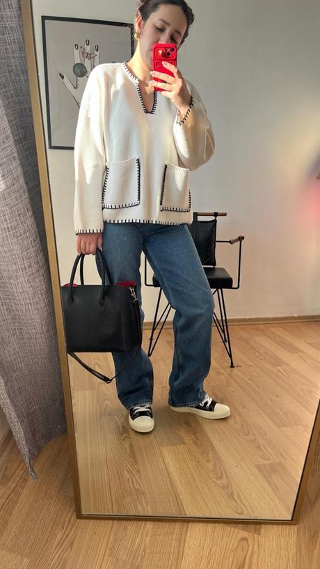 V Yaka Cepli Örgü Kadın Sweatshirt · 3