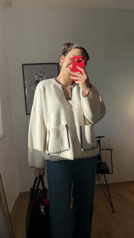 V Yaka Cepli Örgü Kadın Sweatshirt · 4