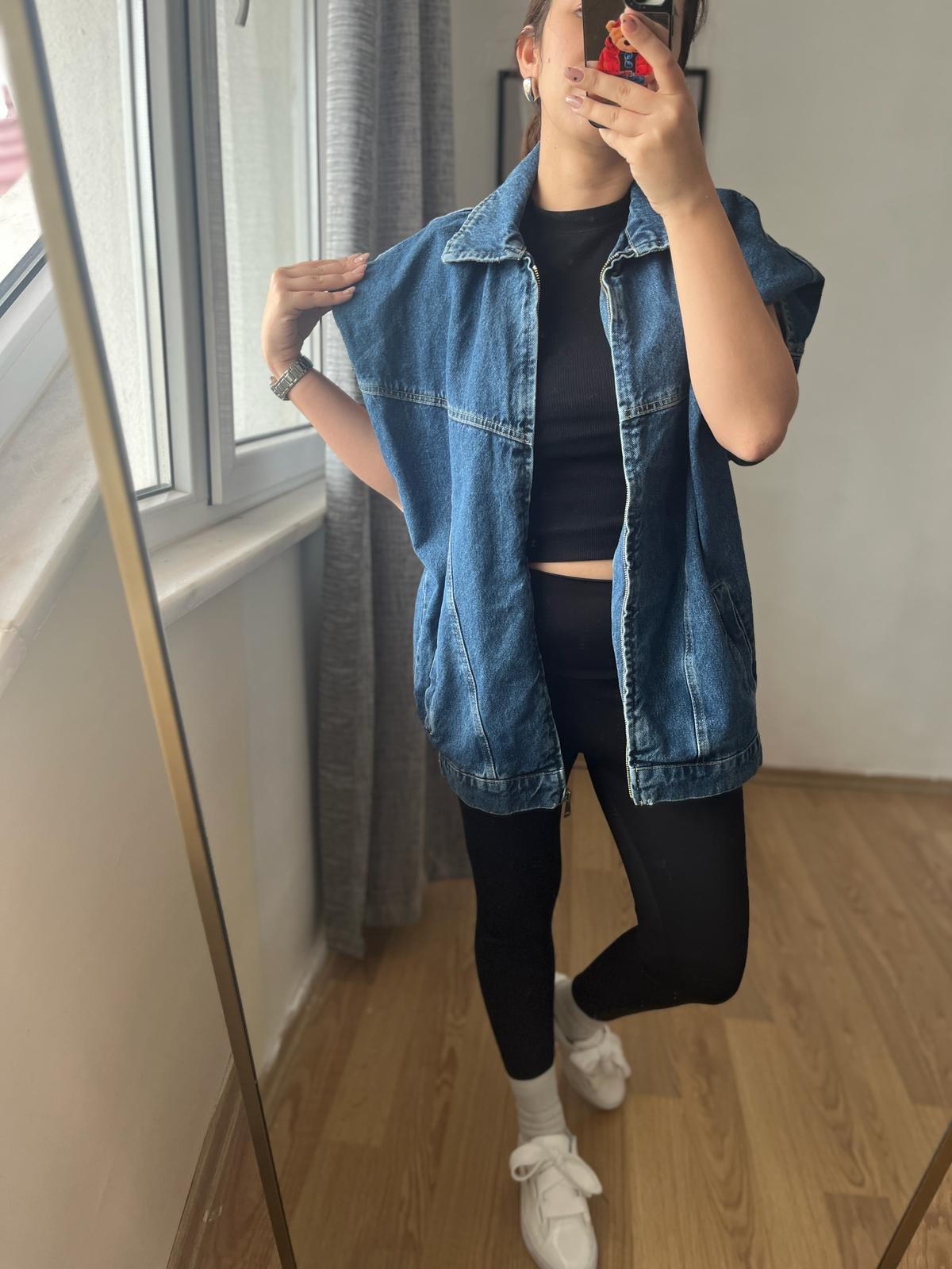 Vatkalı Uzun Mavi Denim Kadın Yelek · 4