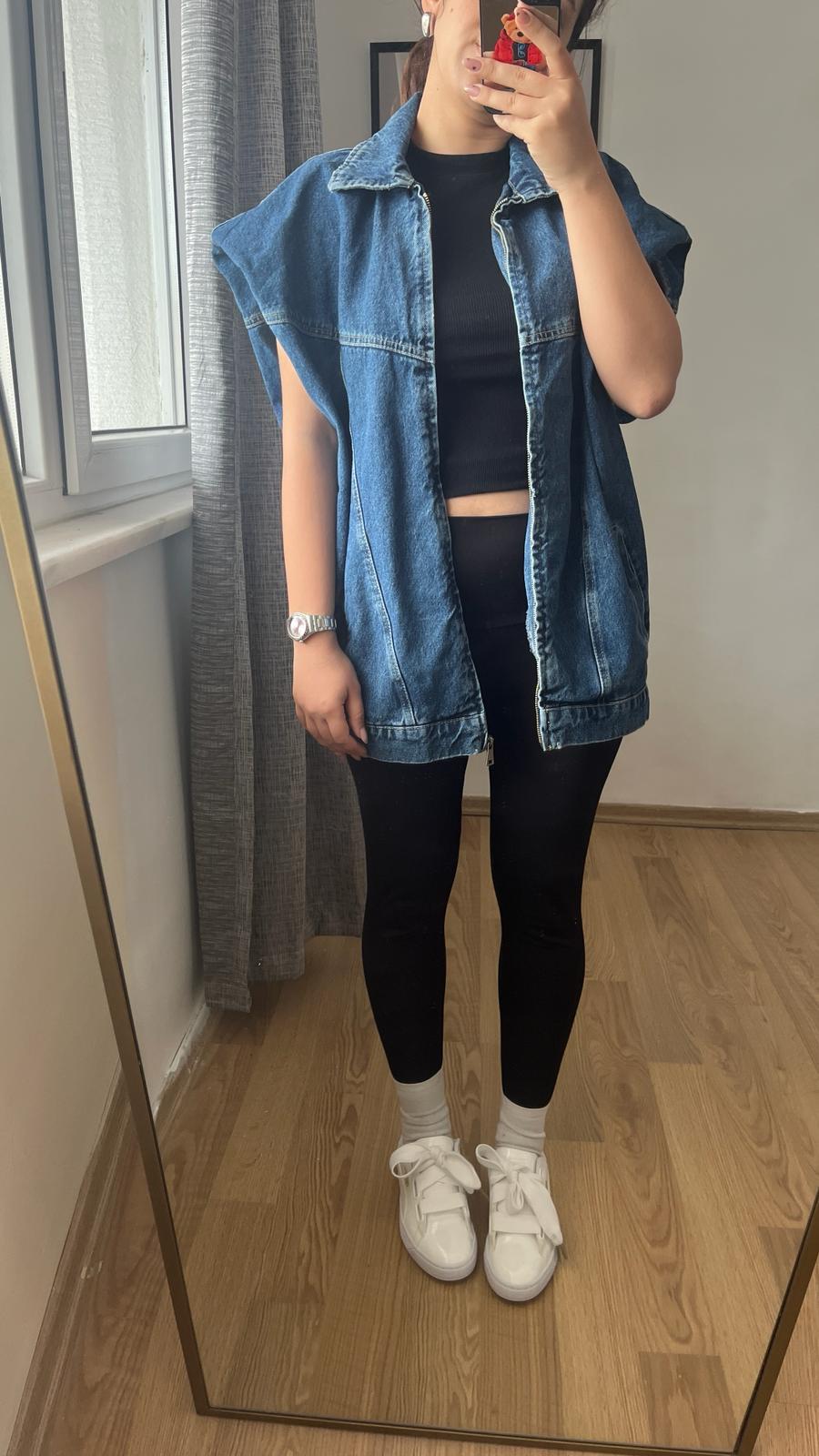 Vatkalı Uzun Mavi Denim Kadın Yelek · 2